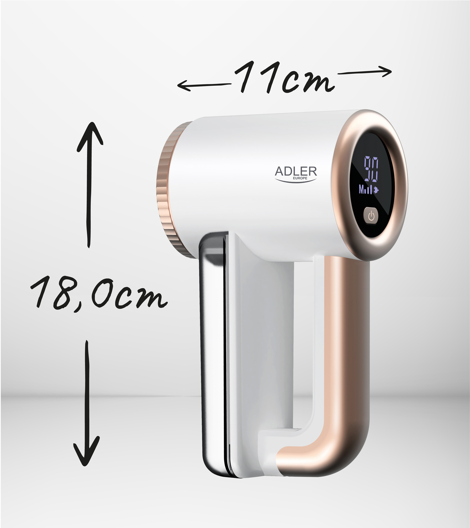 Weißer und roségoldener Stoffrasierer. Abmessungen sind 11 cm breit, 18 cm hoch.