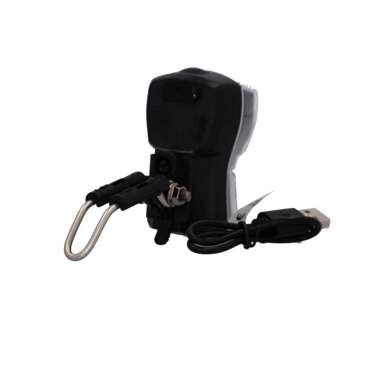Schwarzes Fahrradlicht, mit USB-Kabel und Befestigungsmaterial.