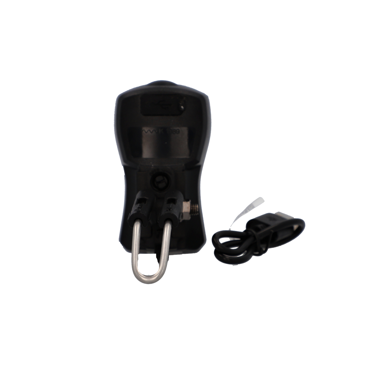 Schwarzes Ladegerät mit U-förmigem Stecker und kleinem Ladekabel.
