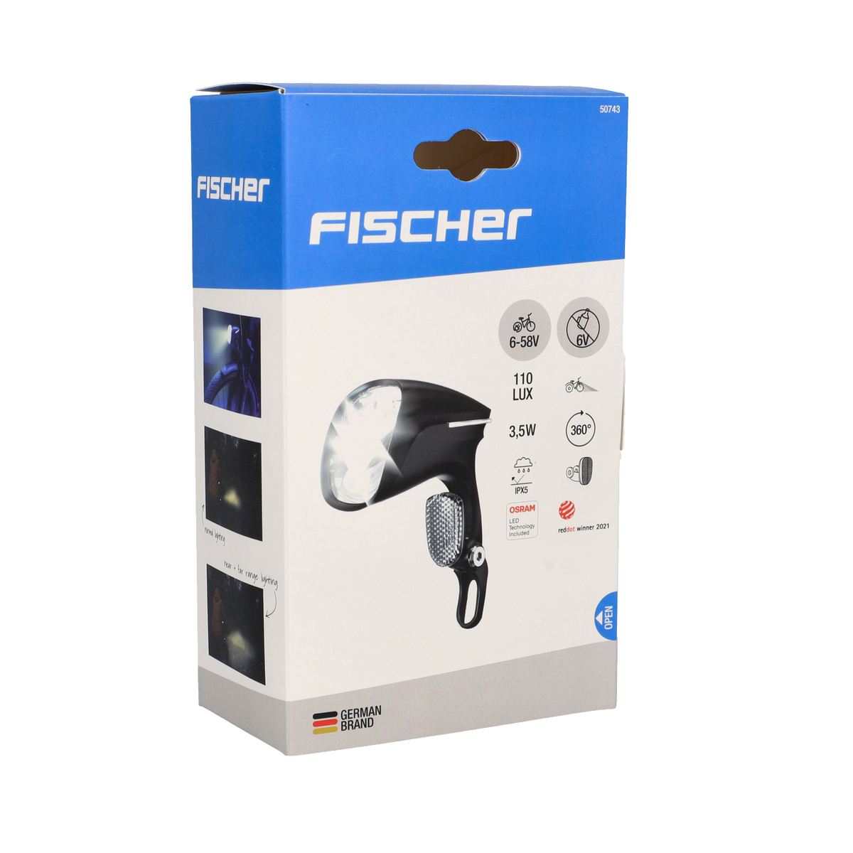 Schachtel einer Fahrradlampe. Die Lampe ist schwarz, mit einer detaillierten Zeichnung des Lichtstrahls.