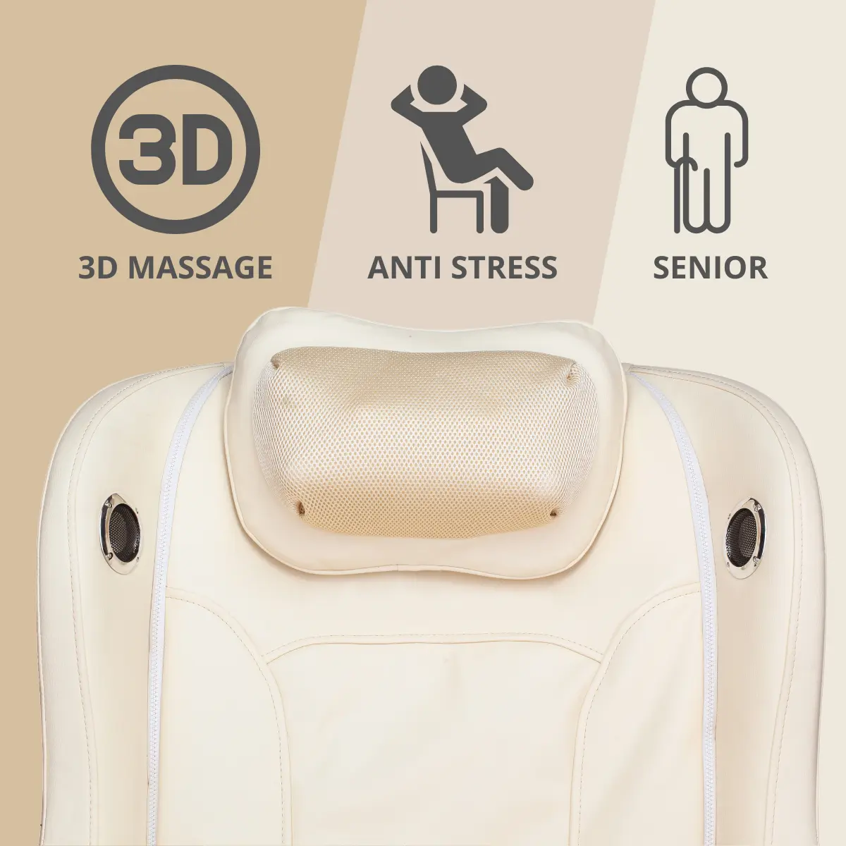 Cream massage chair headrest with icons for 3D massage, anti-stress, and senior.
