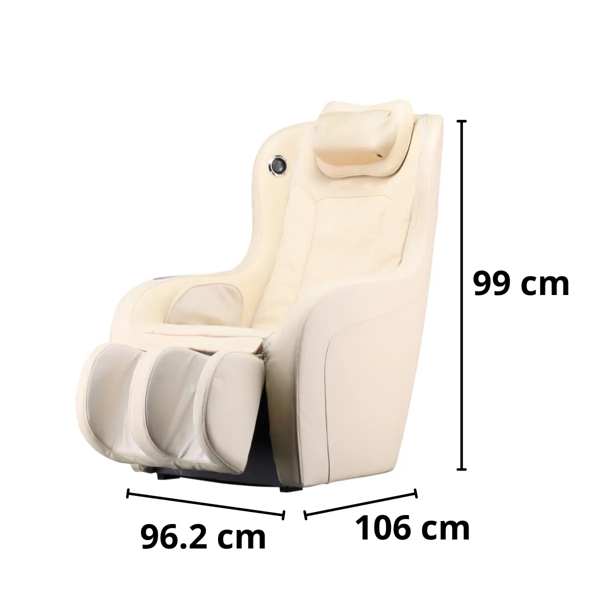 Cream-colored massage chair with measurements: 99 cm height, 96.2 cm and 106 cm width.