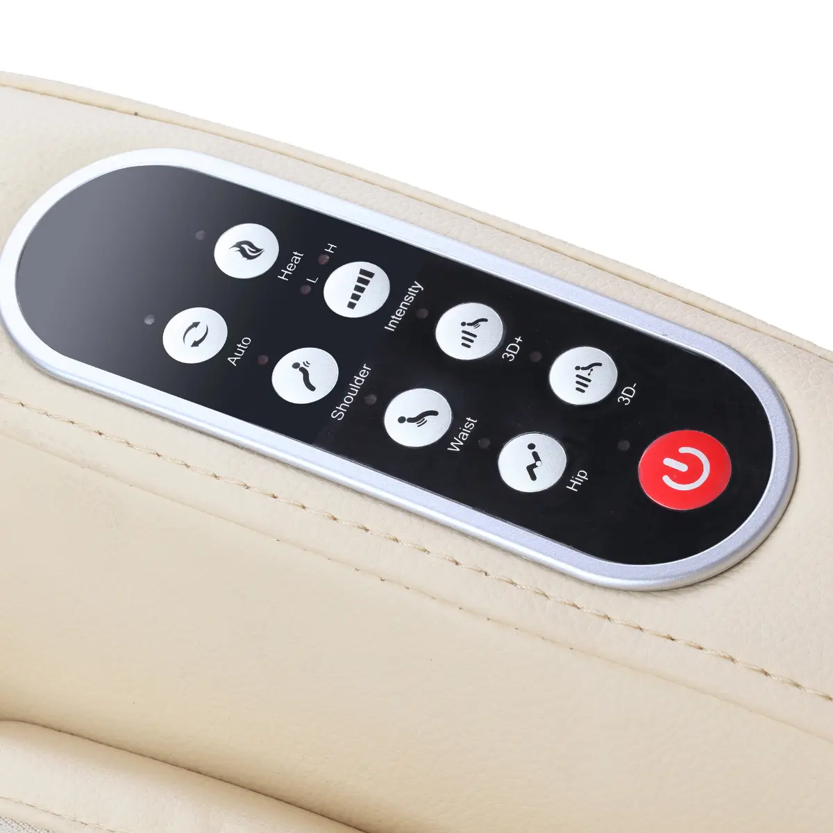 A beige massage chair control panel with buttons for heat, intensity, and body areas.