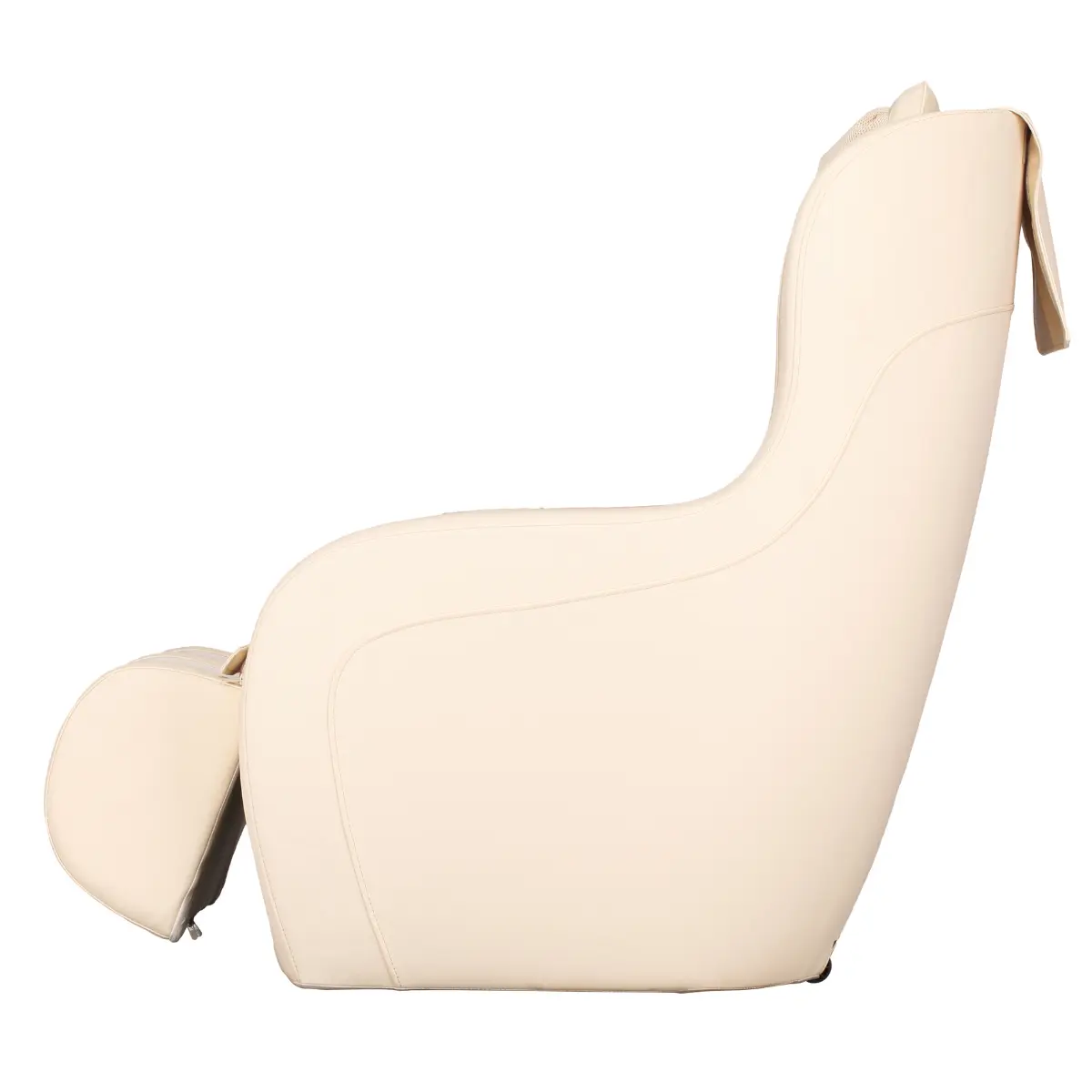 A reclined cream-colored massage chair. It has a headrest and footrest.