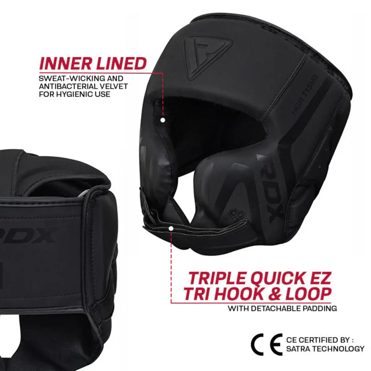 Black boxing headgear with labels. Text mentions inner lining, and triple hook and loop.