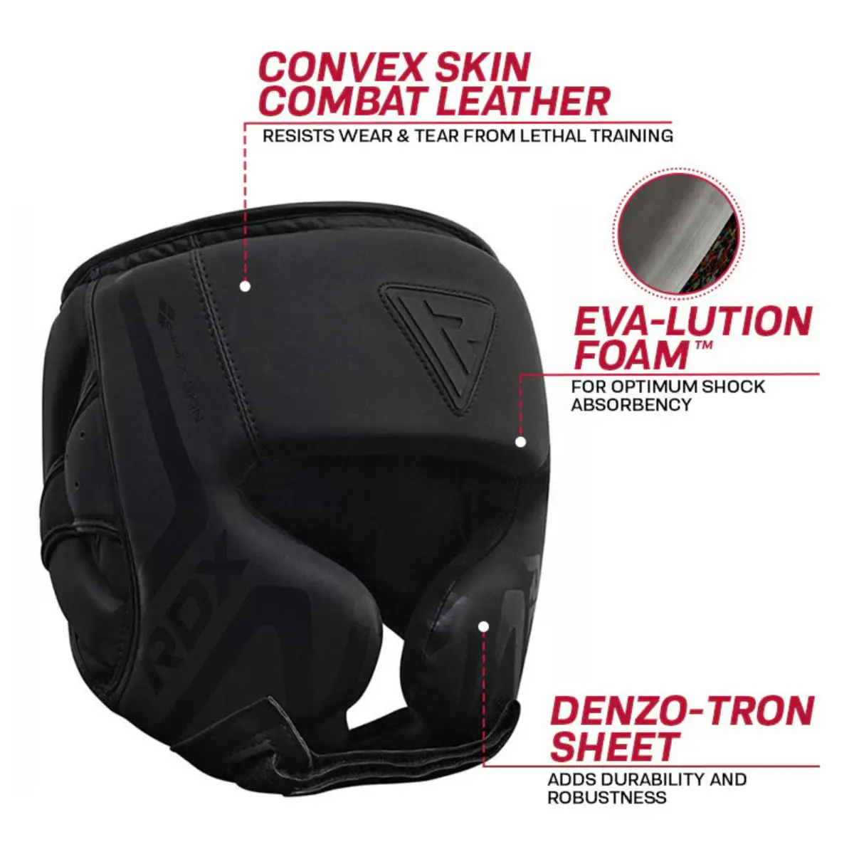 Black boxing headgear with labels like 'CONVEX SKIN COMBAT LEATHER'.