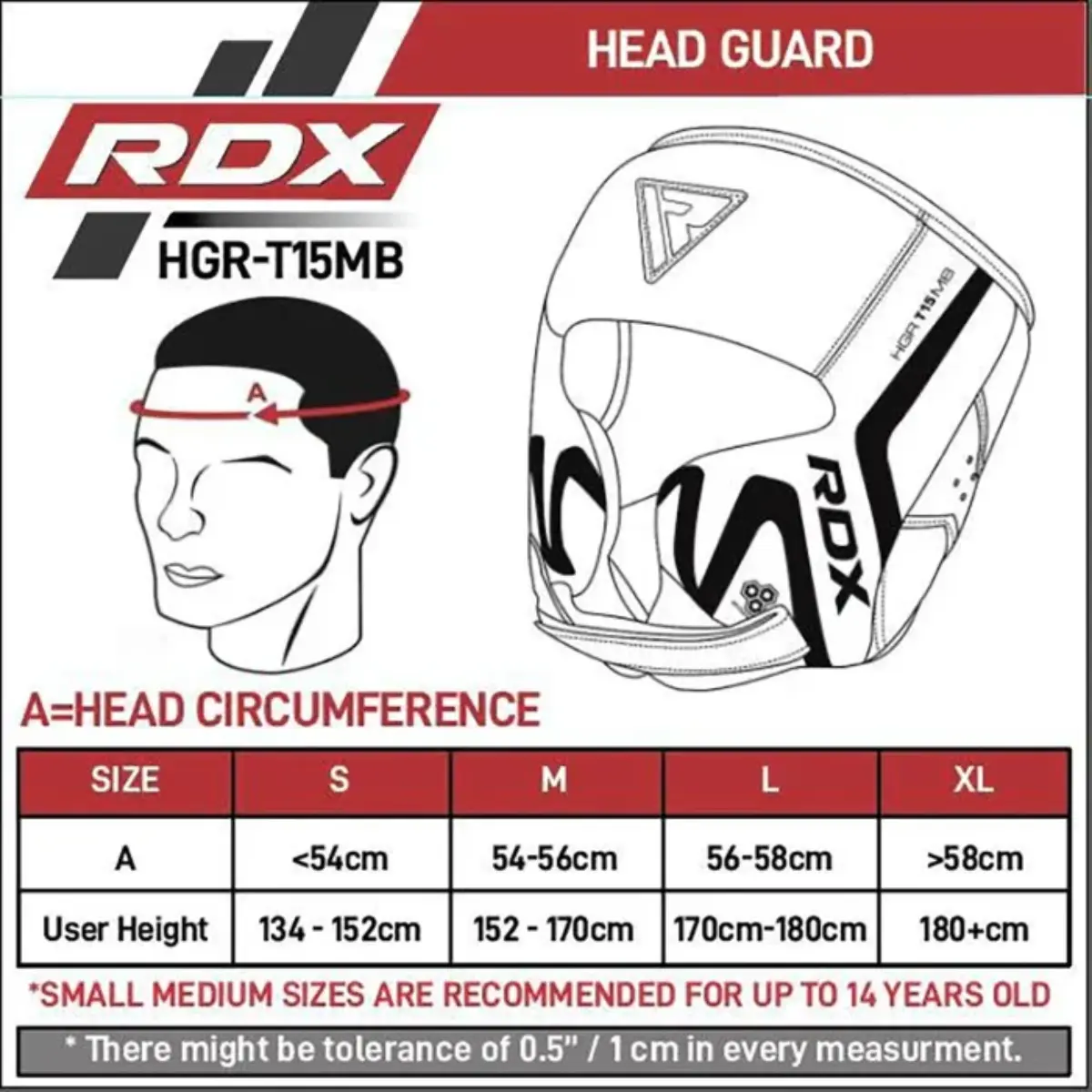 Diagram with head sizes for RDX headgear. Shows head circumference in cm and user height ranges.