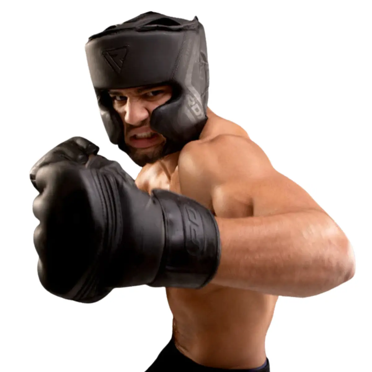 Boxer in black headgear and gloves, in a fighting stance. White background.