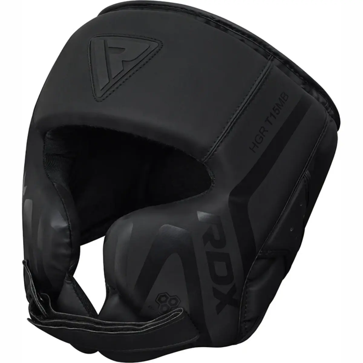 A black boxing headguard with the RDX logo visible.