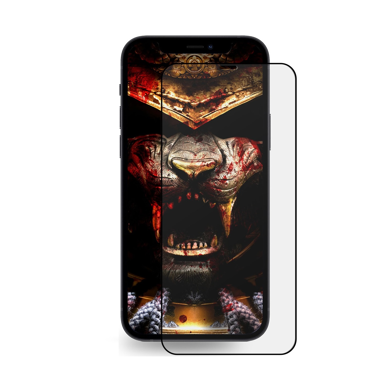 Ein Telefon mit Displayschutz, das ein Monsterbild zeigt. Der Schutz bedeckt den Bildschirm vollständig.