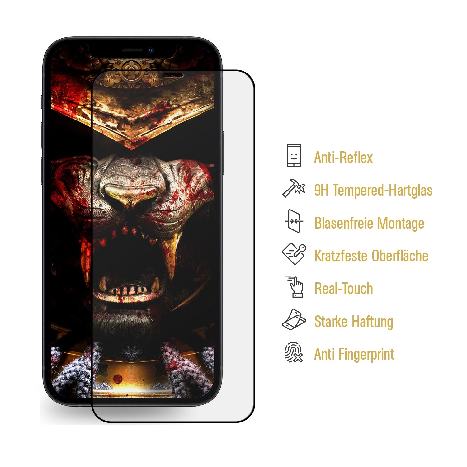 Telefon mit angebrachtem Displayschutz. Telefon zeigt ein Samurai-Bild. Schutzfunktionen sind rechts aufgelistet.