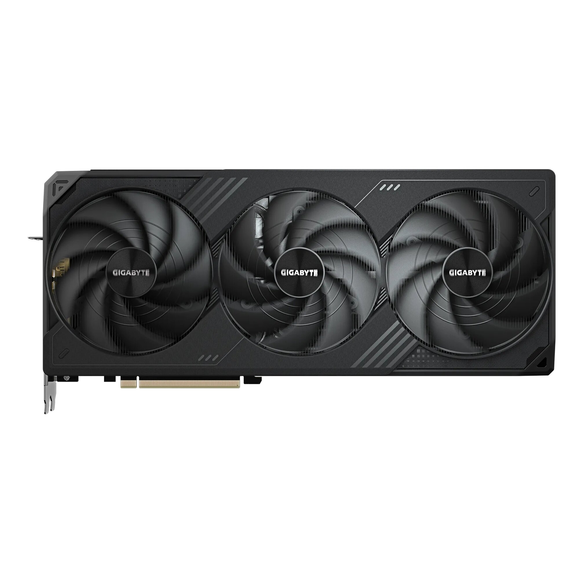 Czarna karta graficzna z trzema wentylatorami. Czarne tło.