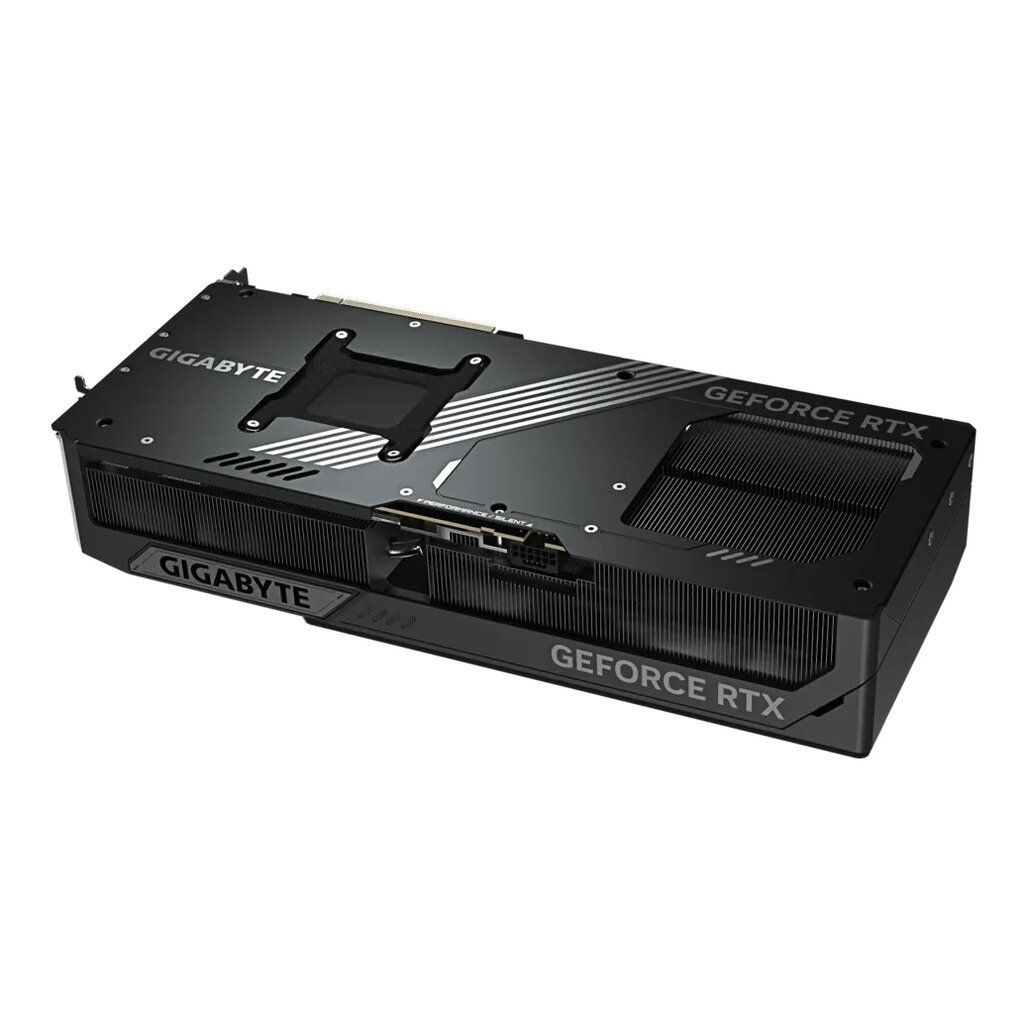 Czarna karta graficzna GIGABYTE GeForce RTX ze srebrnymi akcentami, z nazwą marki i modelem.
