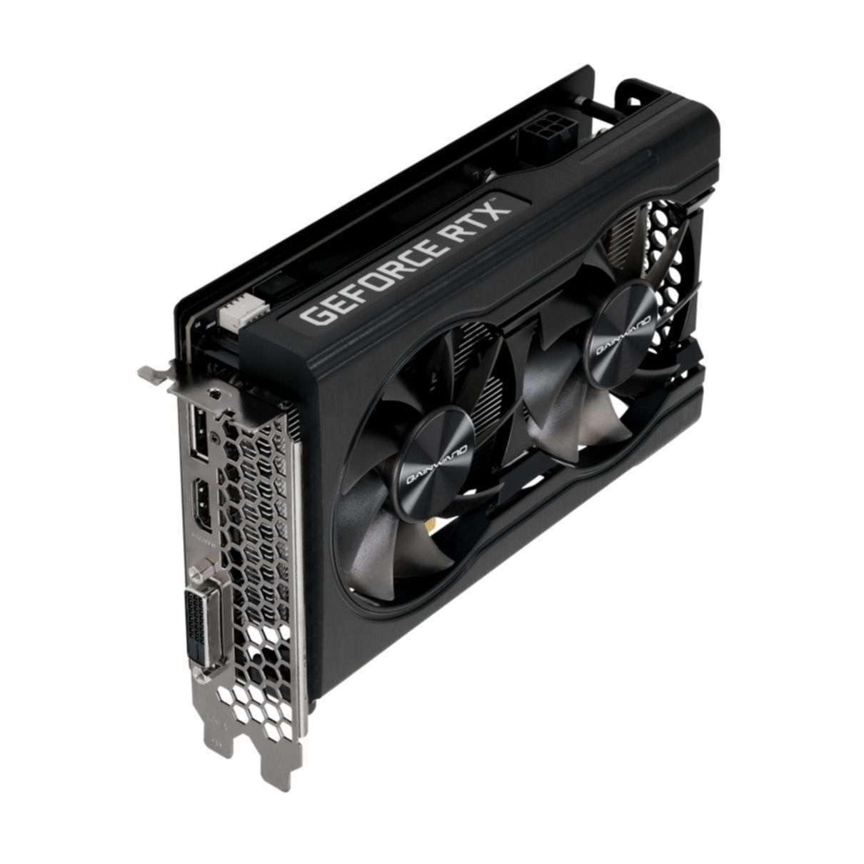 Una scheda grafica nera con due ventole. L'etichetta GeForce RTX è visibile. La scheda è su sfondo bianco.