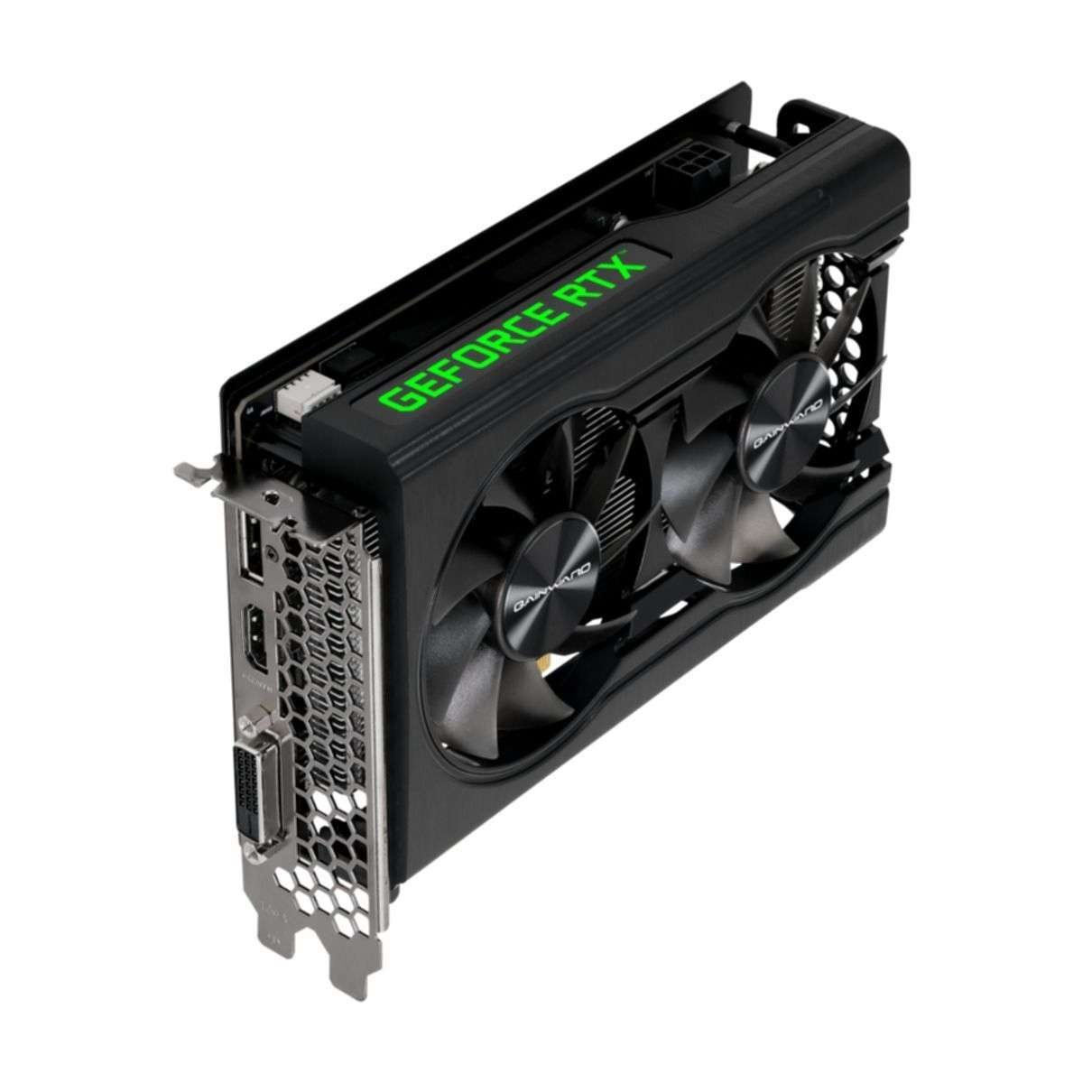 Scheda grafica nera con due ventole. Le parole 'GEFORCE RTX' sono visibili.