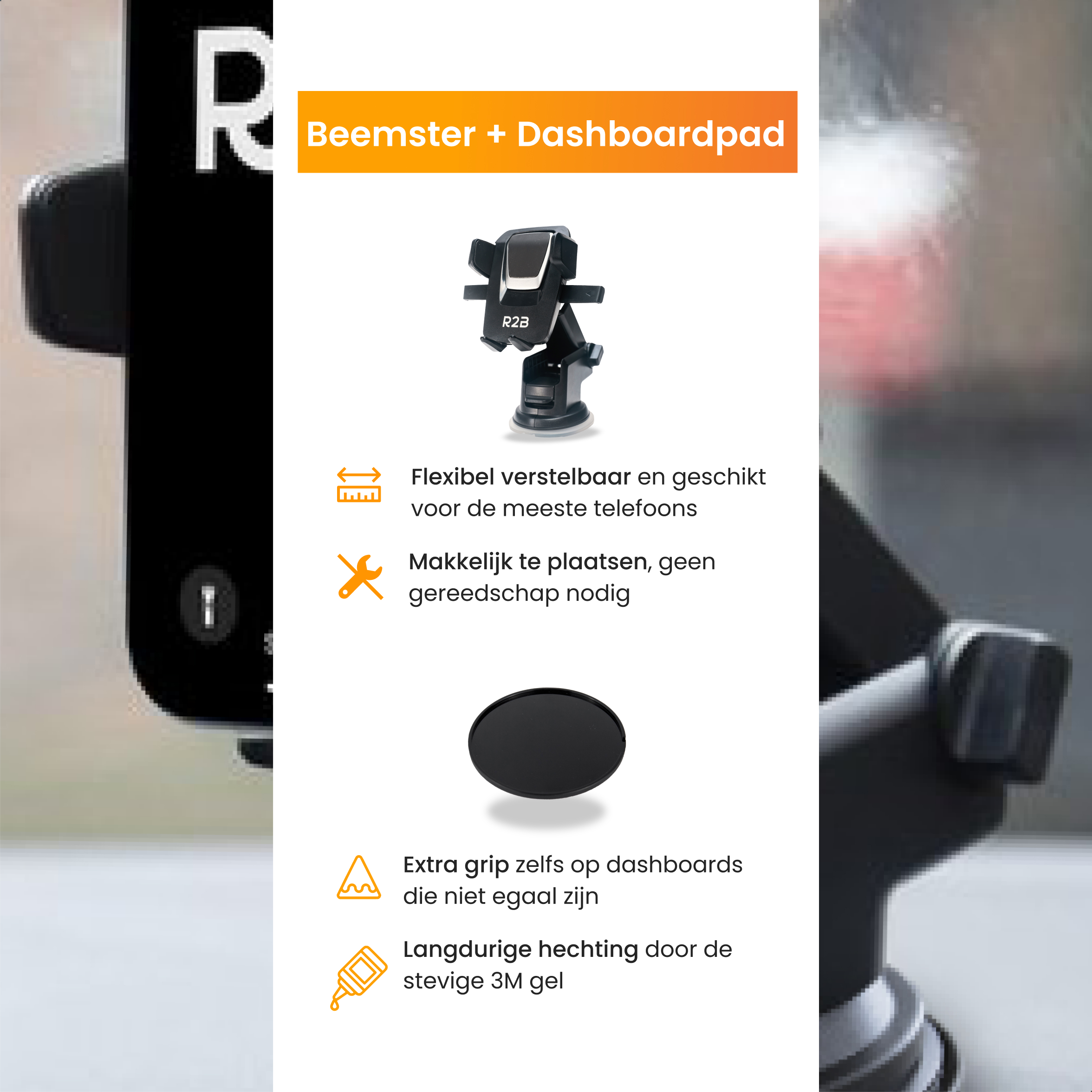 Een autotelefoonhouder met een dashboardpad. Er staat tekst op over verstelbaarheid en eenvoudige installatie.
