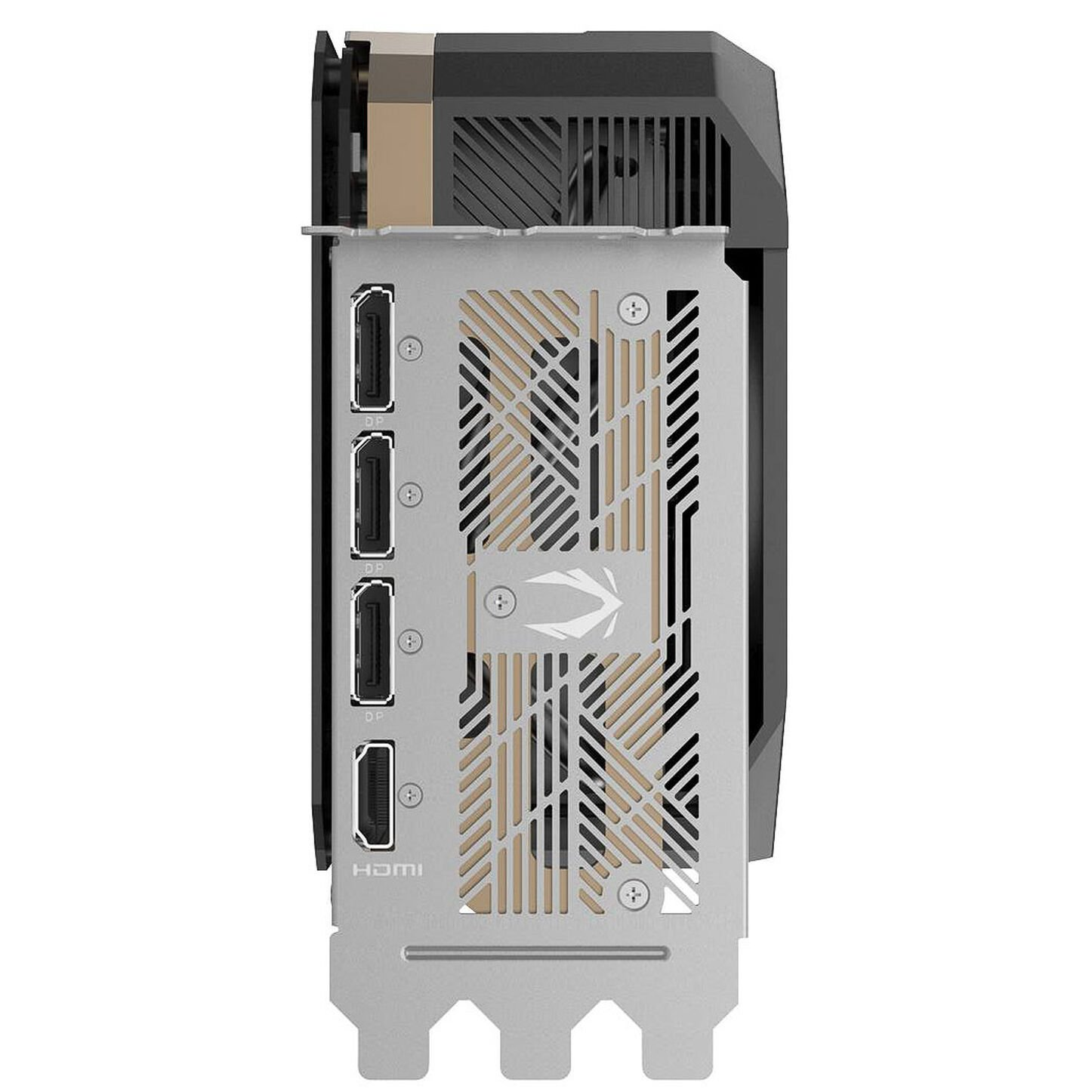 Karta graficzna komputera, widok z boku, pokazujący porty i konstrukcję wentylacji.