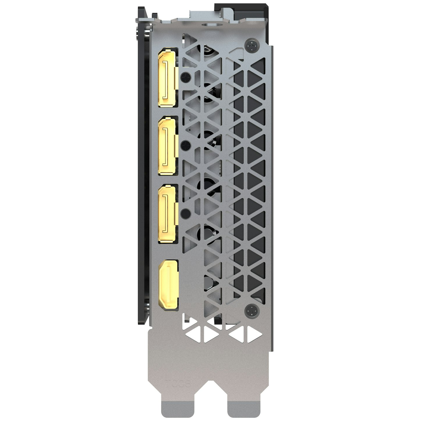 Karta graficzna z trzema złotymi portami i metalową kratką o unikalnym wzorze.