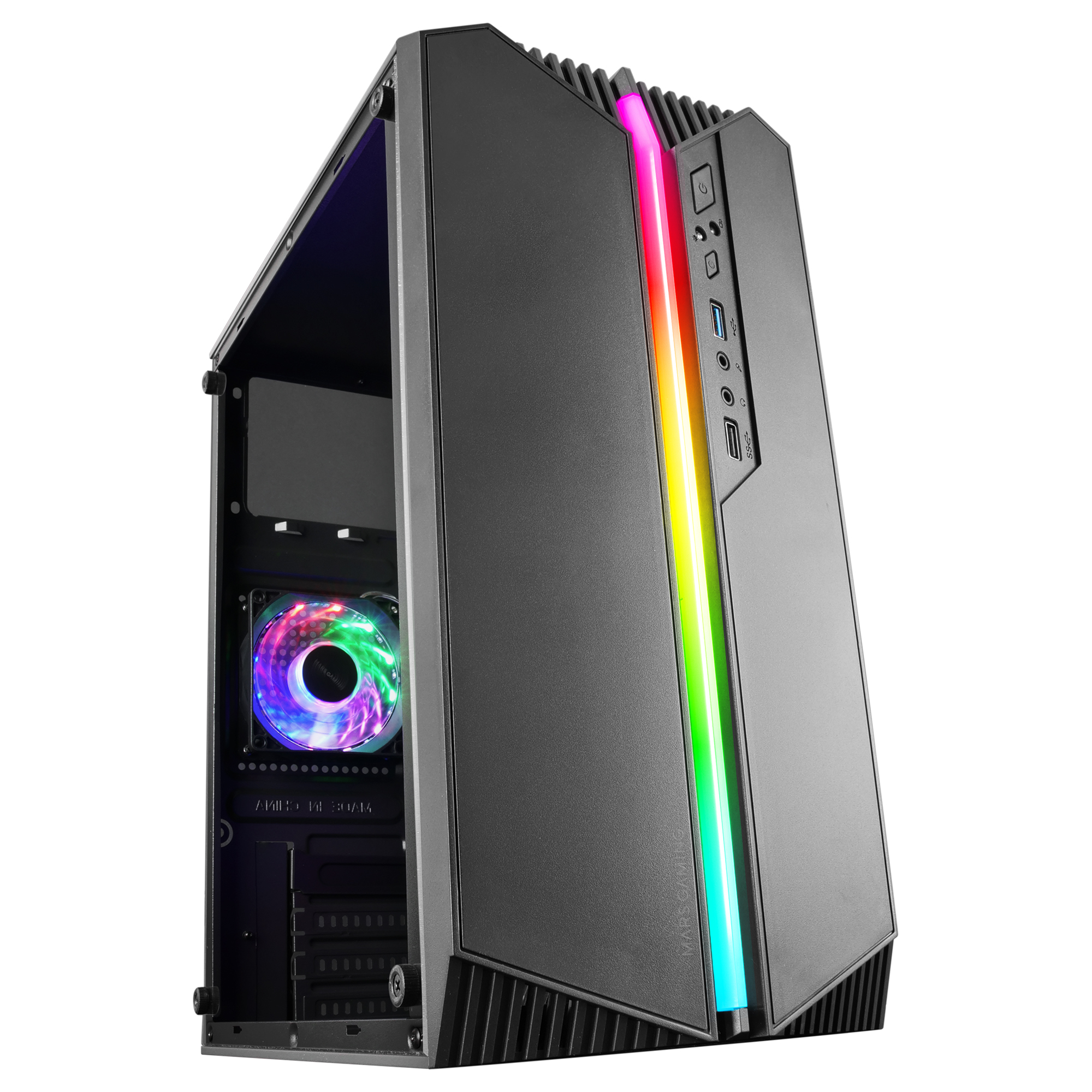 Case per computer nero con illuminazione RGB sul davanti. All'interno è visibile una ventola.