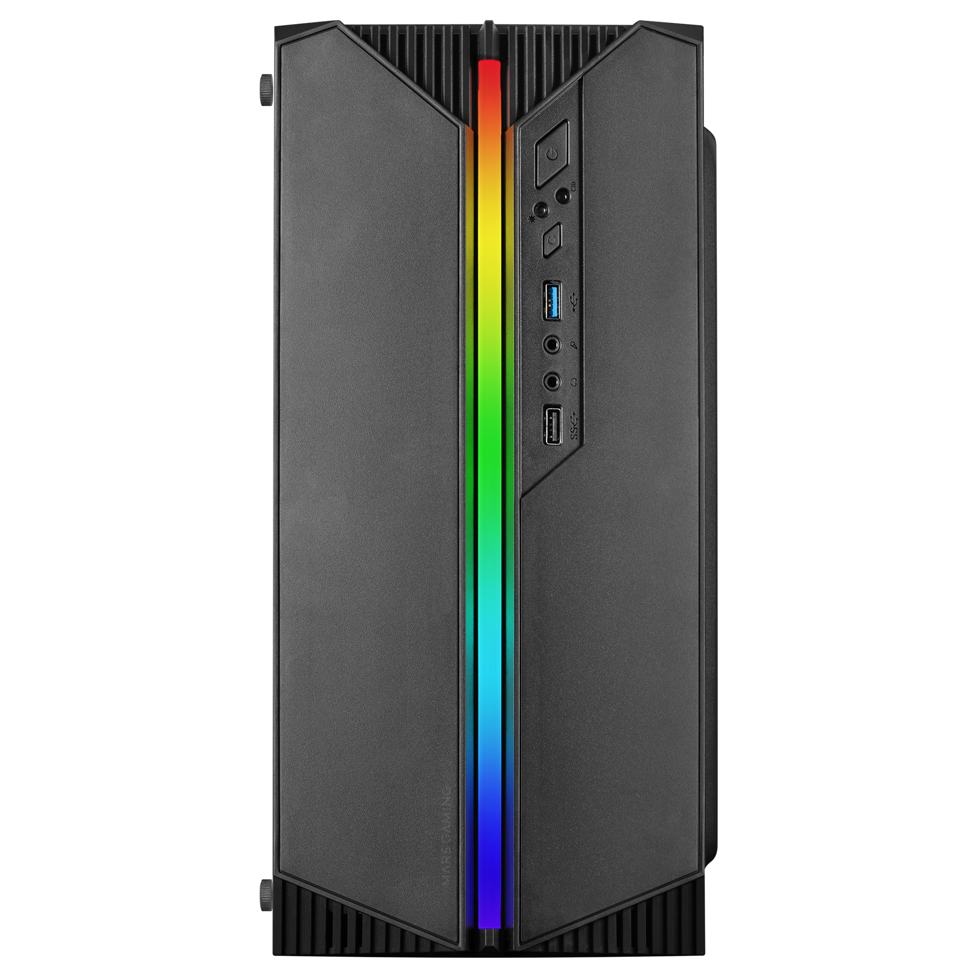 Un case per computer nero con una striscia luminosa RGB verticale e porte visibili.