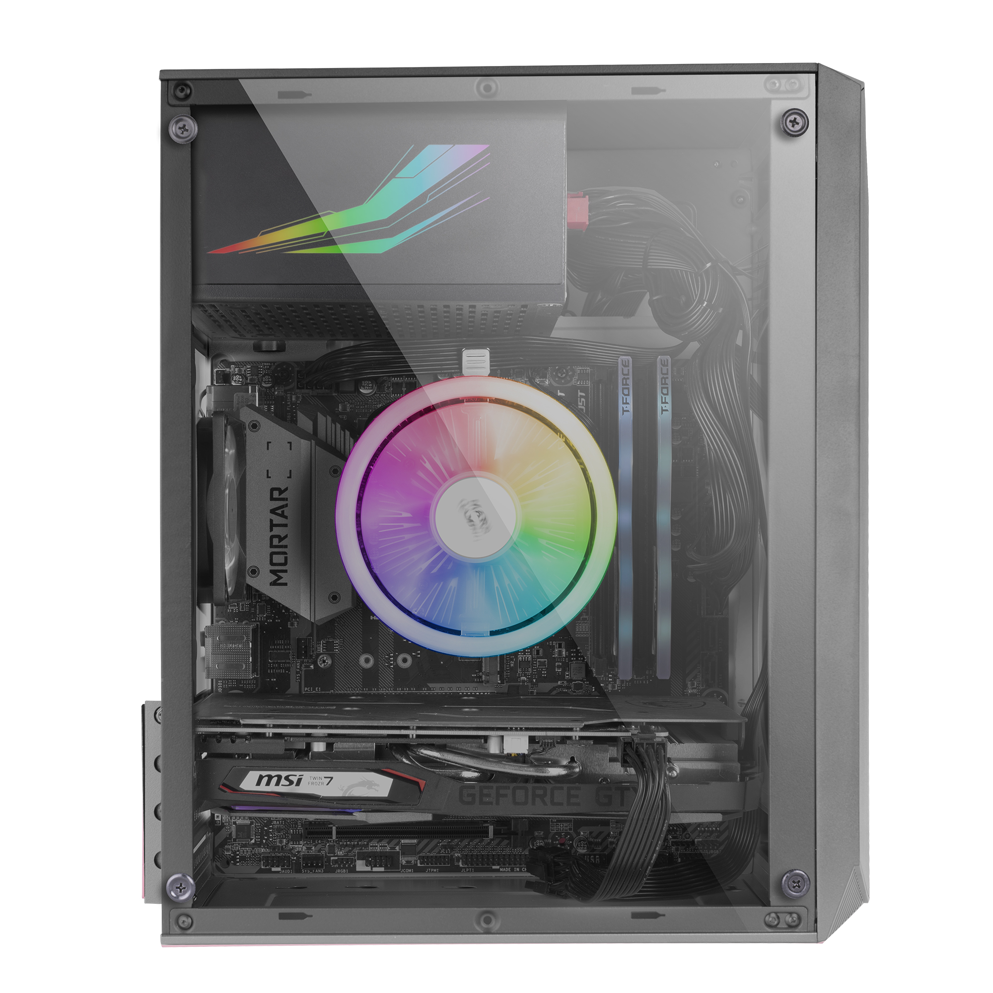 Un case per computer con pannello laterale trasparente che mostra i componenti interni, inclusa una GPU.