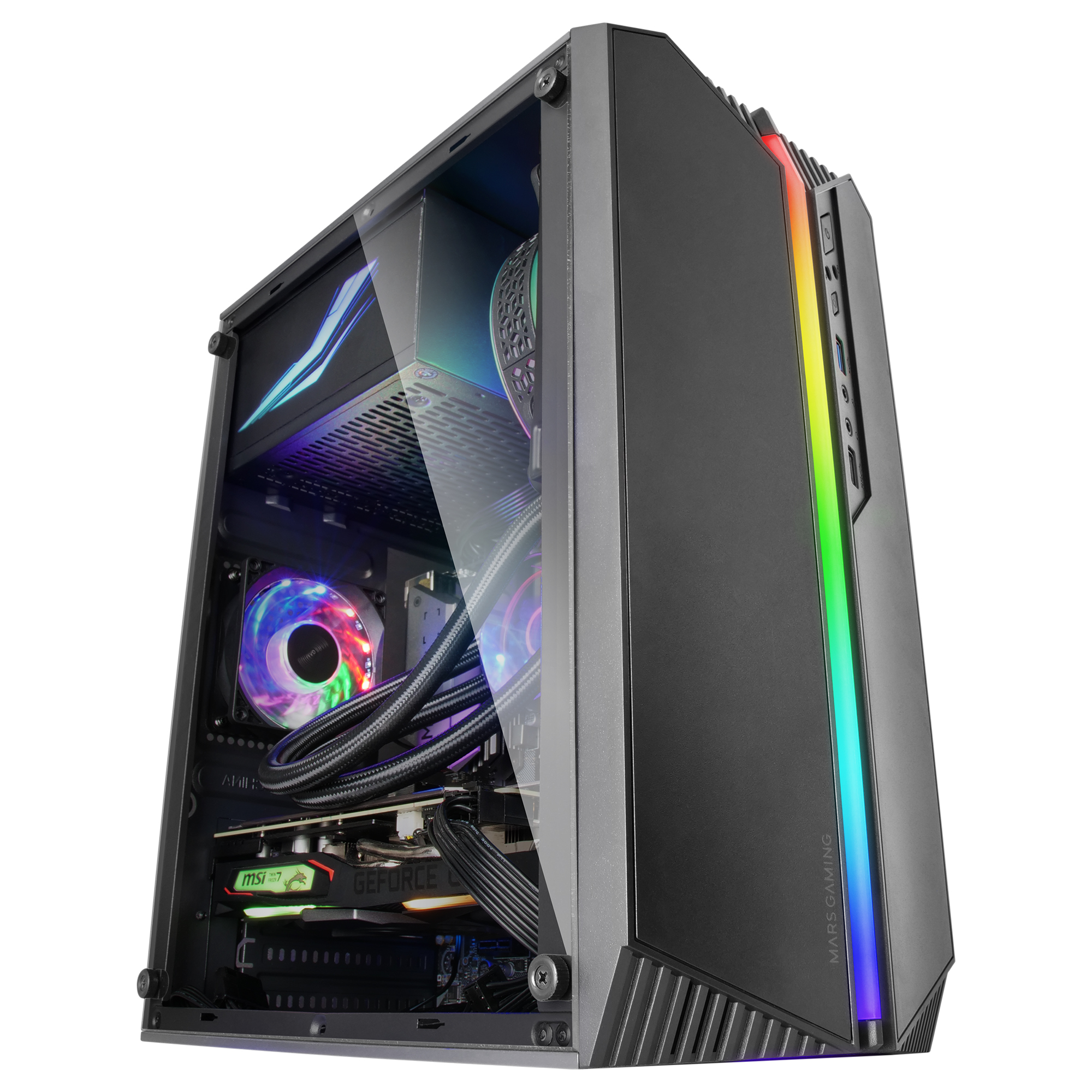 Case per computer con pannello laterale in vetro, mostra componenti interni con illuminazione.