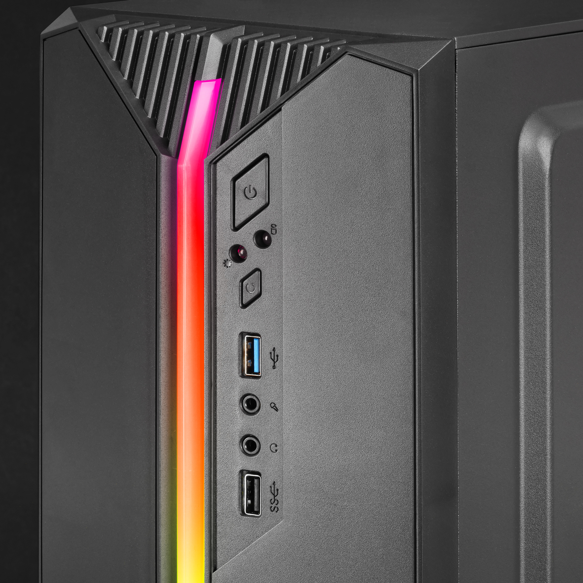 Un case per computer con pulsante di accensione, porte USB e una striscia RGB illuminata.