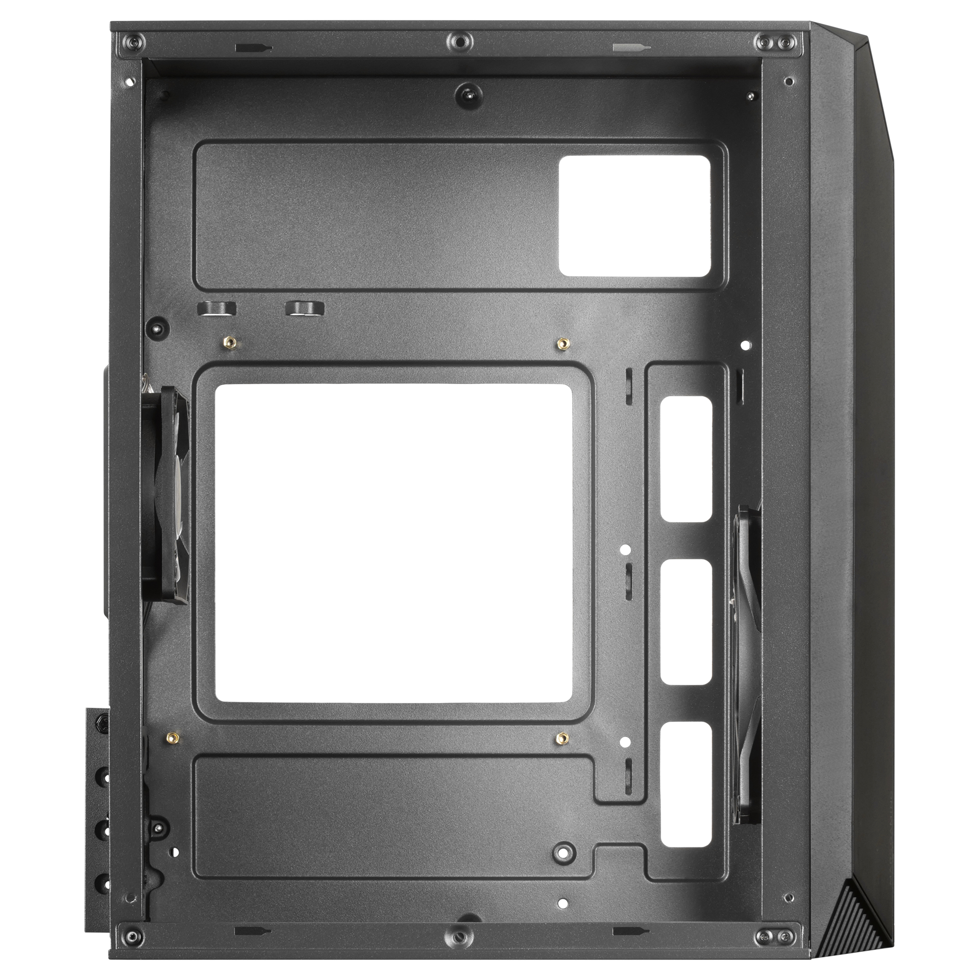 Interno di un case per computer nero con aperture, isolato su sfondo bianco.
