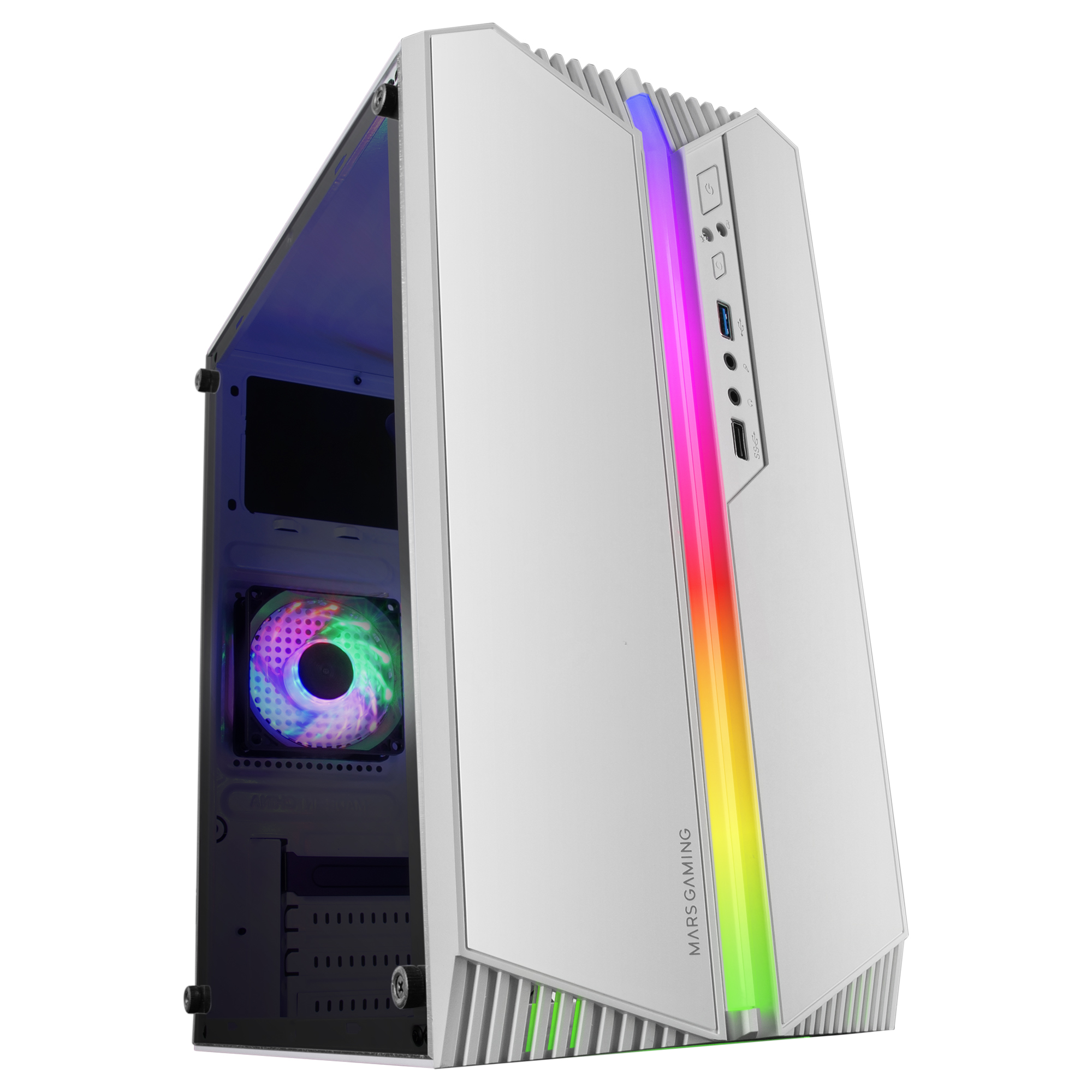 Case per computer bianco con luci RGB e pannello laterale parzialmente aperto.