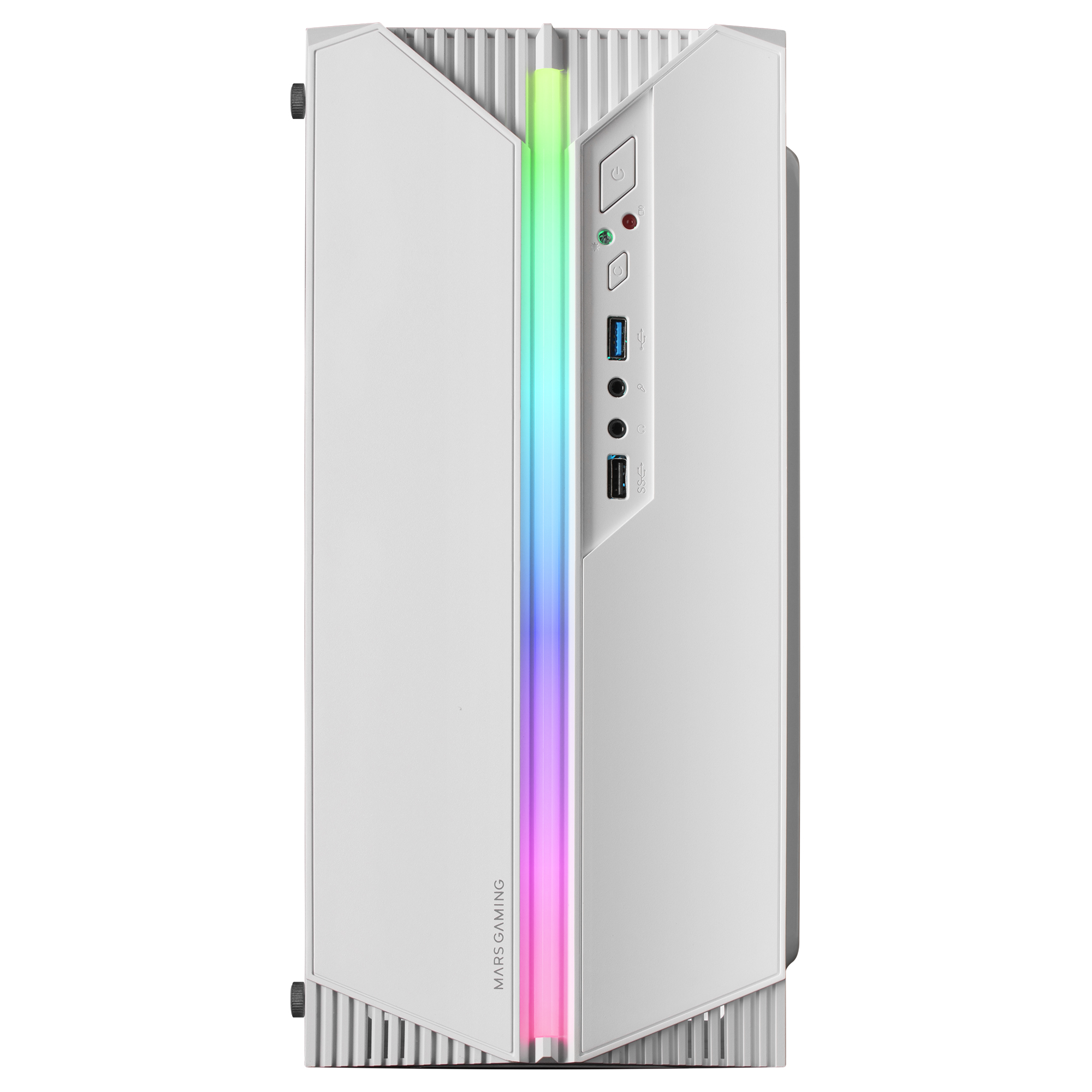 Case del computer bianco con illuminazione RGB. Strisce verticali e pulsante di accensione. Scritto MARS GAMING.