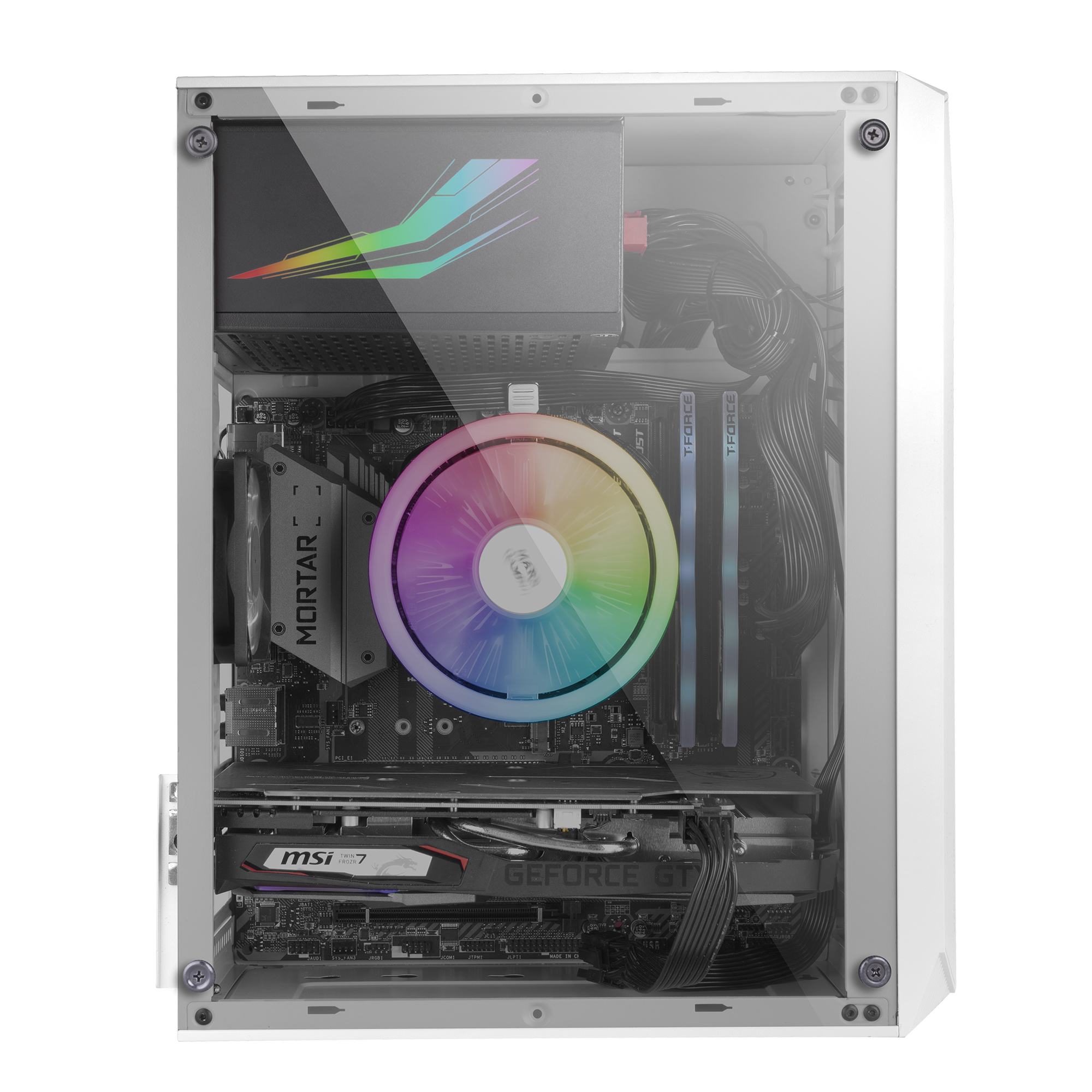 Case PC bianco con componenti visibili. Luci RGB su ventola e altre parti. Pannello laterale in vetro.