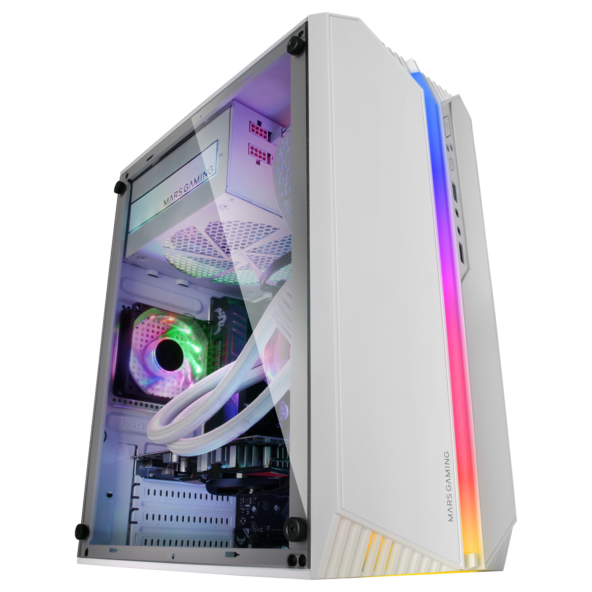 Un PC da gioco bianco con luci RGB, pannello laterale in vetro e componenti.