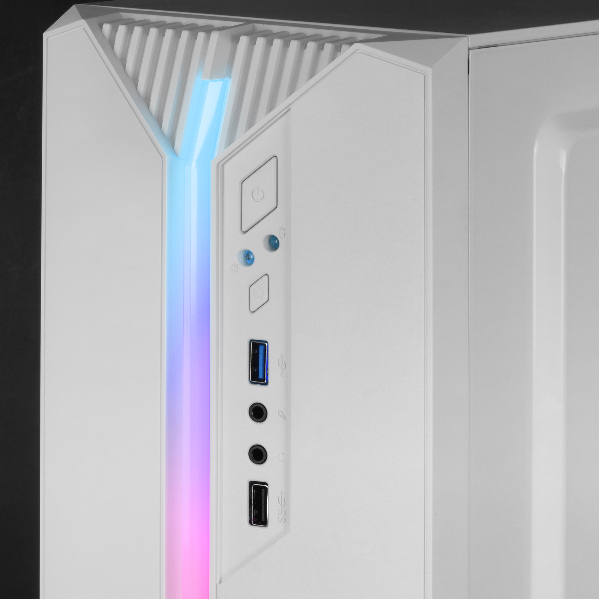 Un case per computer bianco con illuminazione a LED blu e rosa e porte per USB e audio.
