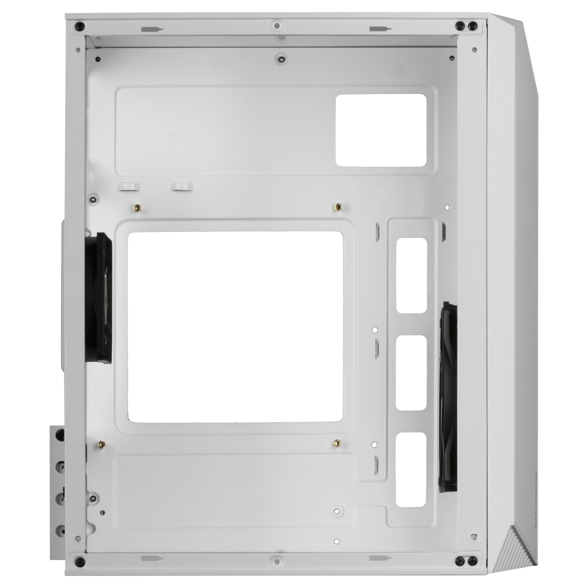 Interno di un case per computer bianco. Lato aperto. Include ventola e punti di montaggio. Sfondo bianco.
