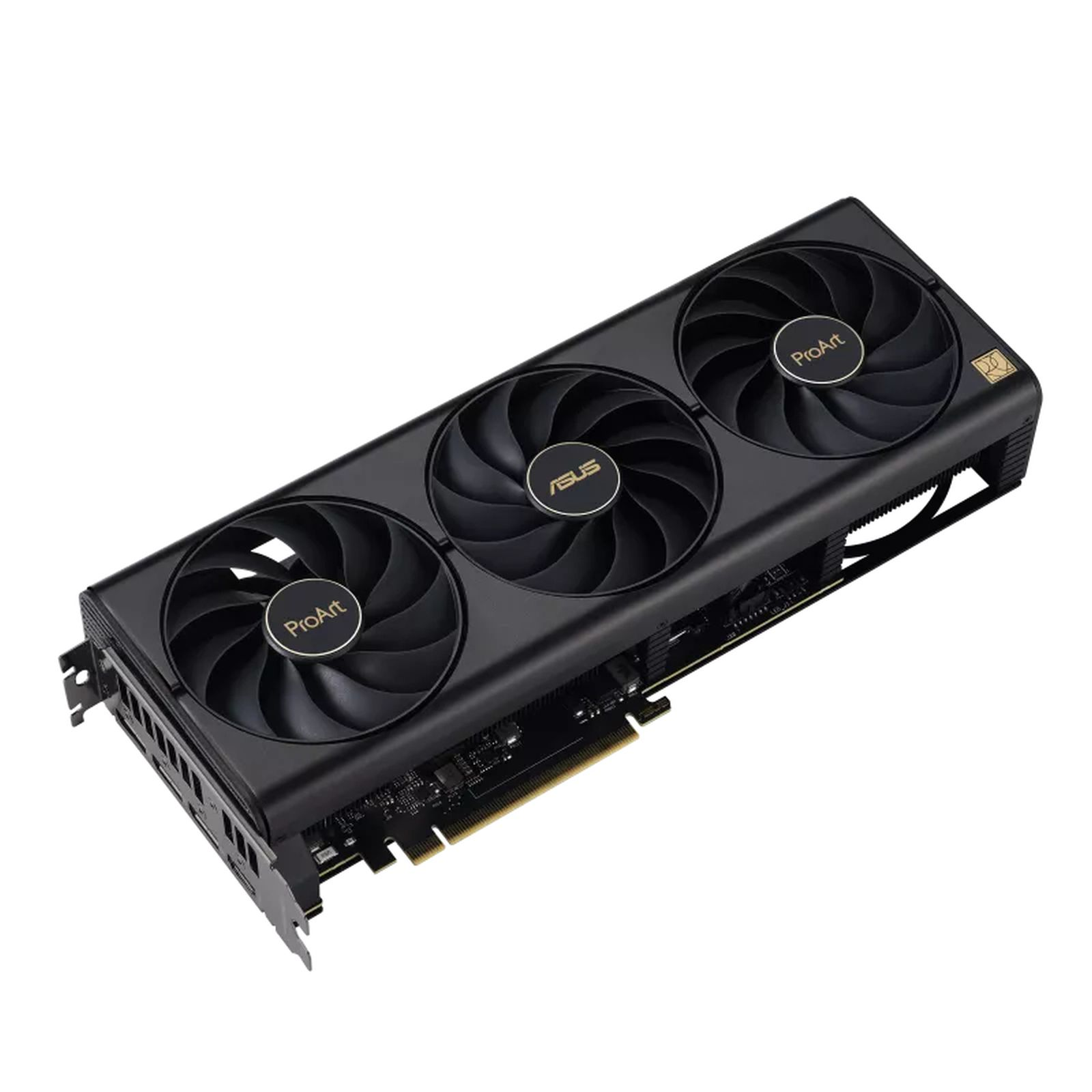 Scheda grafica ASUS ProArt nera con tre ventole. Sfondo bianco.