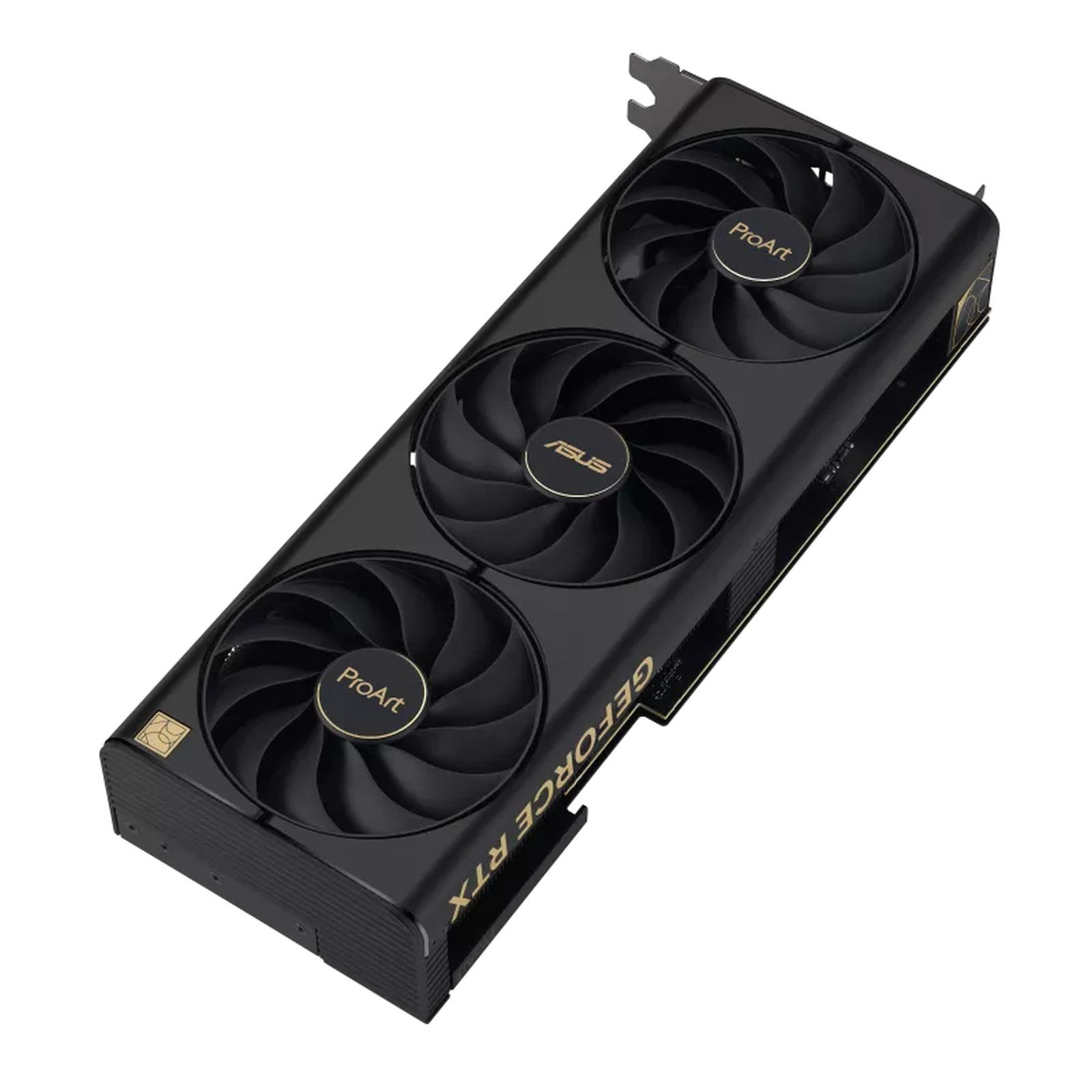 Una scheda grafica nera con tre ventole, il logo ASUS e il logo GeForce RTX.