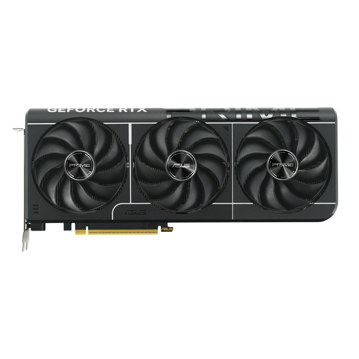 Zwarte grafische kaart met drie ventilatoren. Witte tekst erop. Gouden en zwarte connector onderaan.