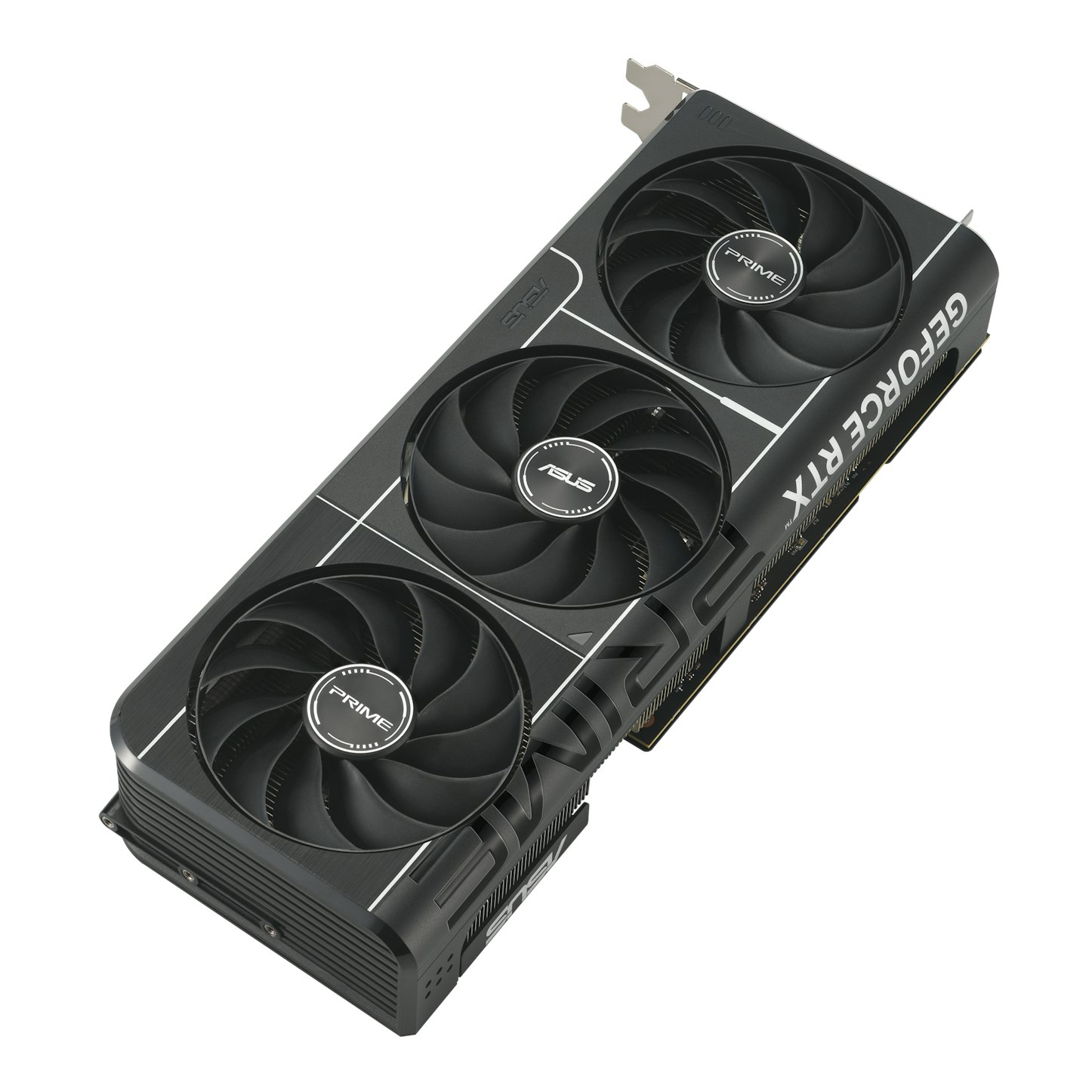 Een zwarte en zilverkleurige computer grafische kaart met drie ventilatoren. De kaart staat op een witte achtergrond.