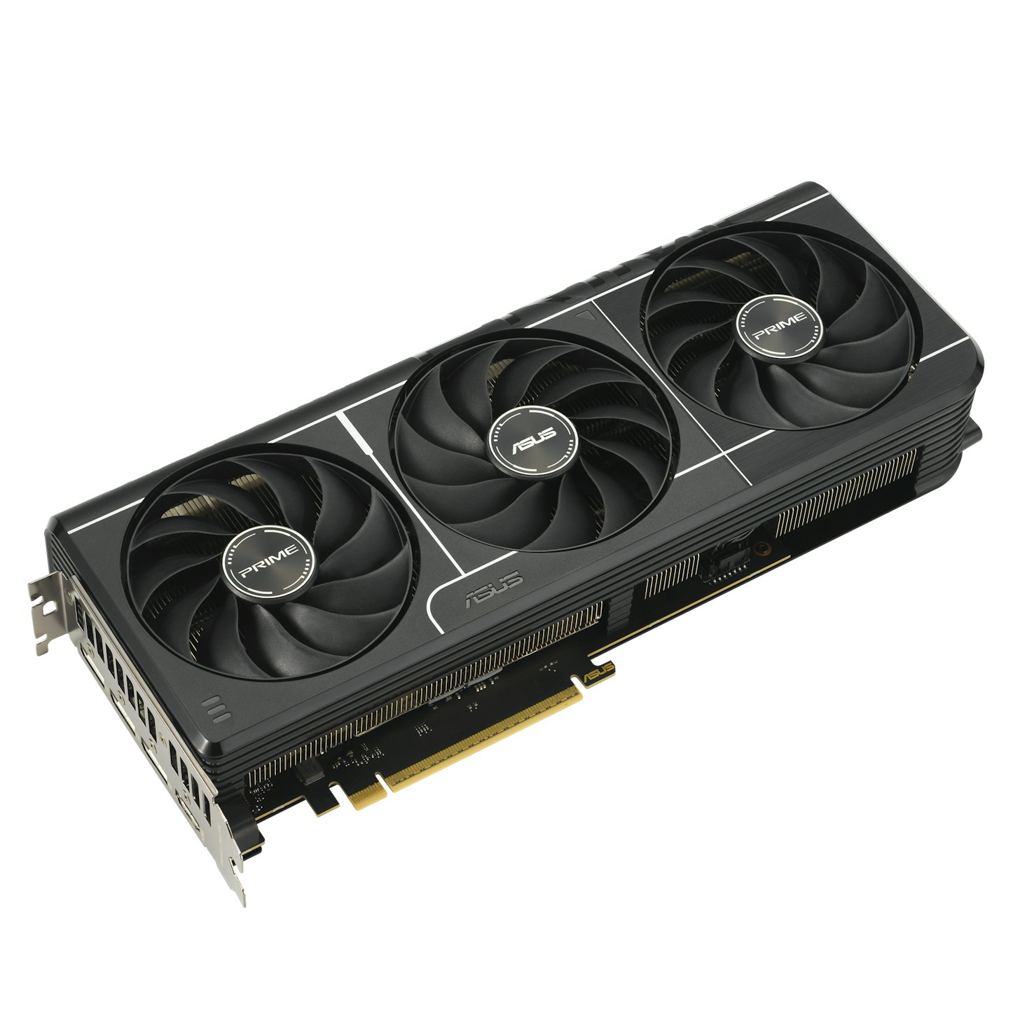 Een zwarte en zilveren grafische kaart met drie ventilatoren, het ASUS-logo en een witte achtergrond.