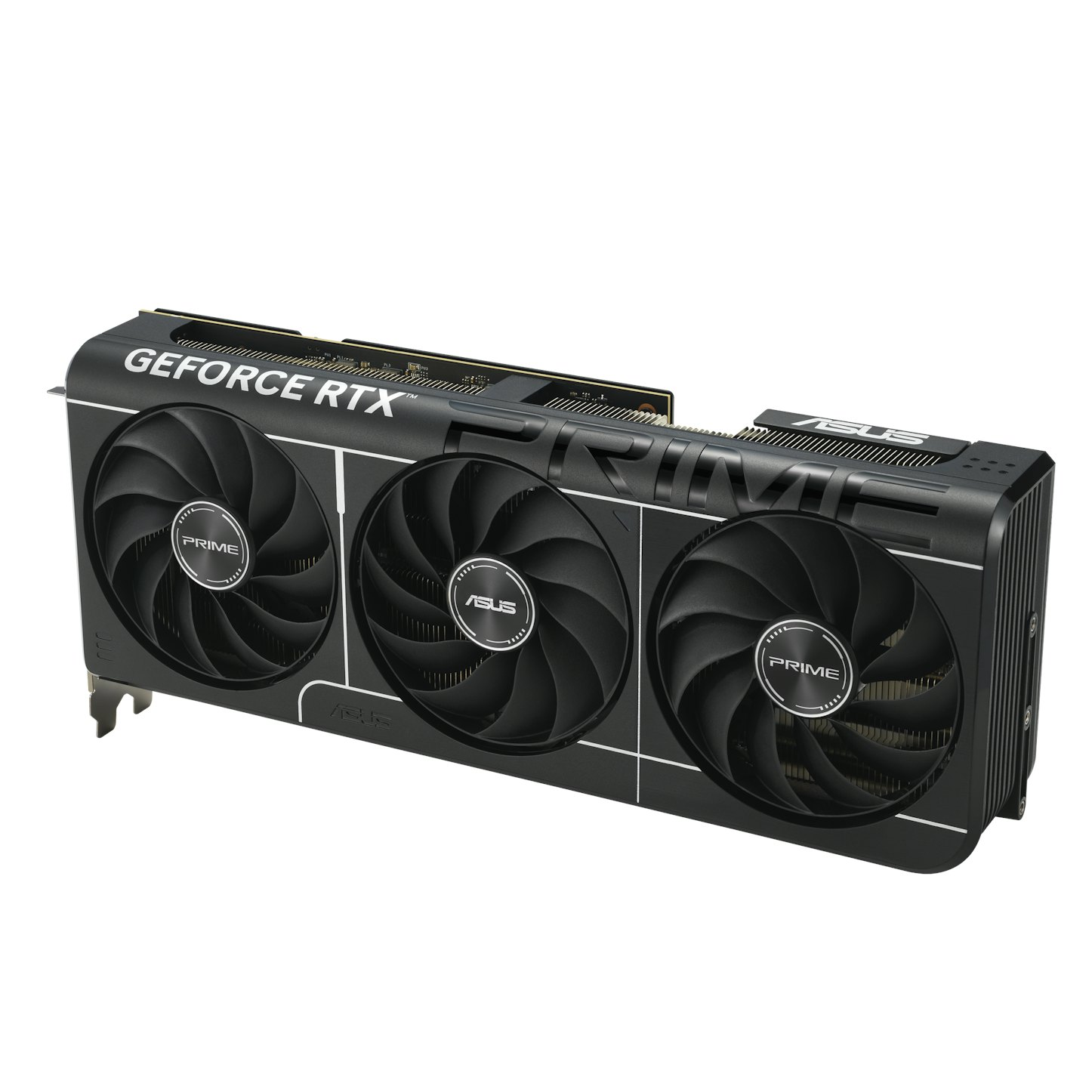 Een zwarte en zilveren grafische kaart met drie ventilatoren en de woorden 'GEFORCE RTX'.