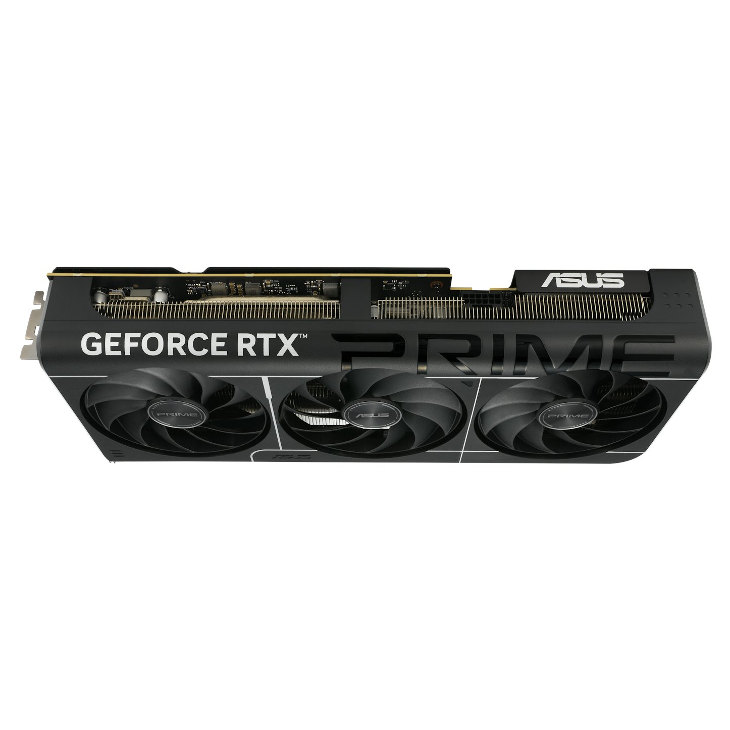 Zwarte en zilveren ASUS GeForce RTX PRIME grafische kaart.