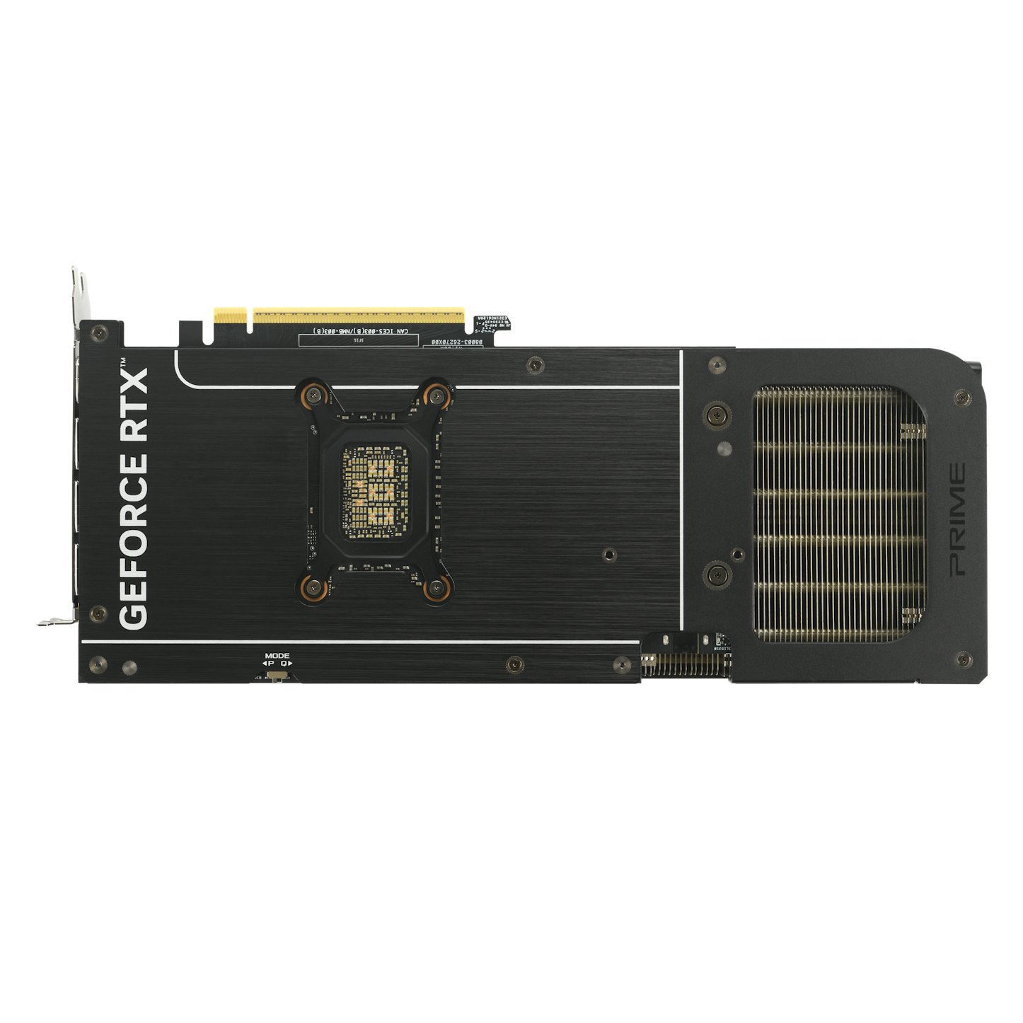 Zwarte grafische kaart met zilveren accenten. Tekst: GeForce RTX, PRIME. Witte achtergrond.