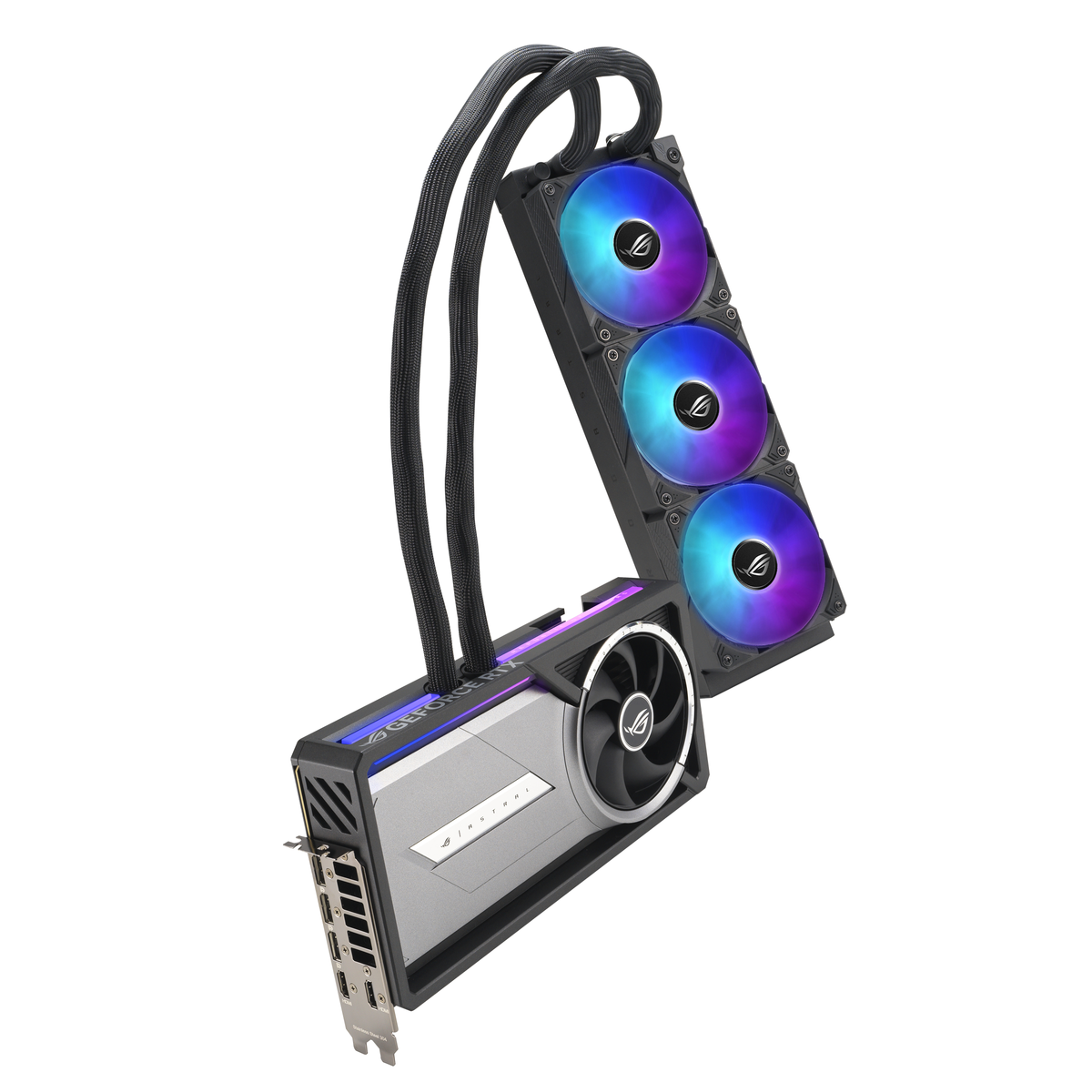 Komponent PC z trzema wentylatorami, rurkami i srebrnym GPU.