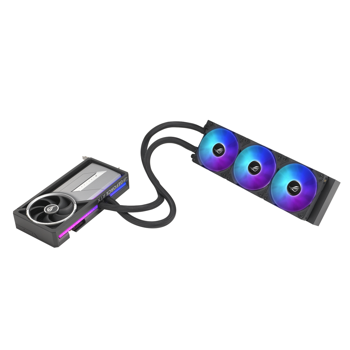 Komponenty PC: GPU i chłodzenie cieczą z wentylatorami.