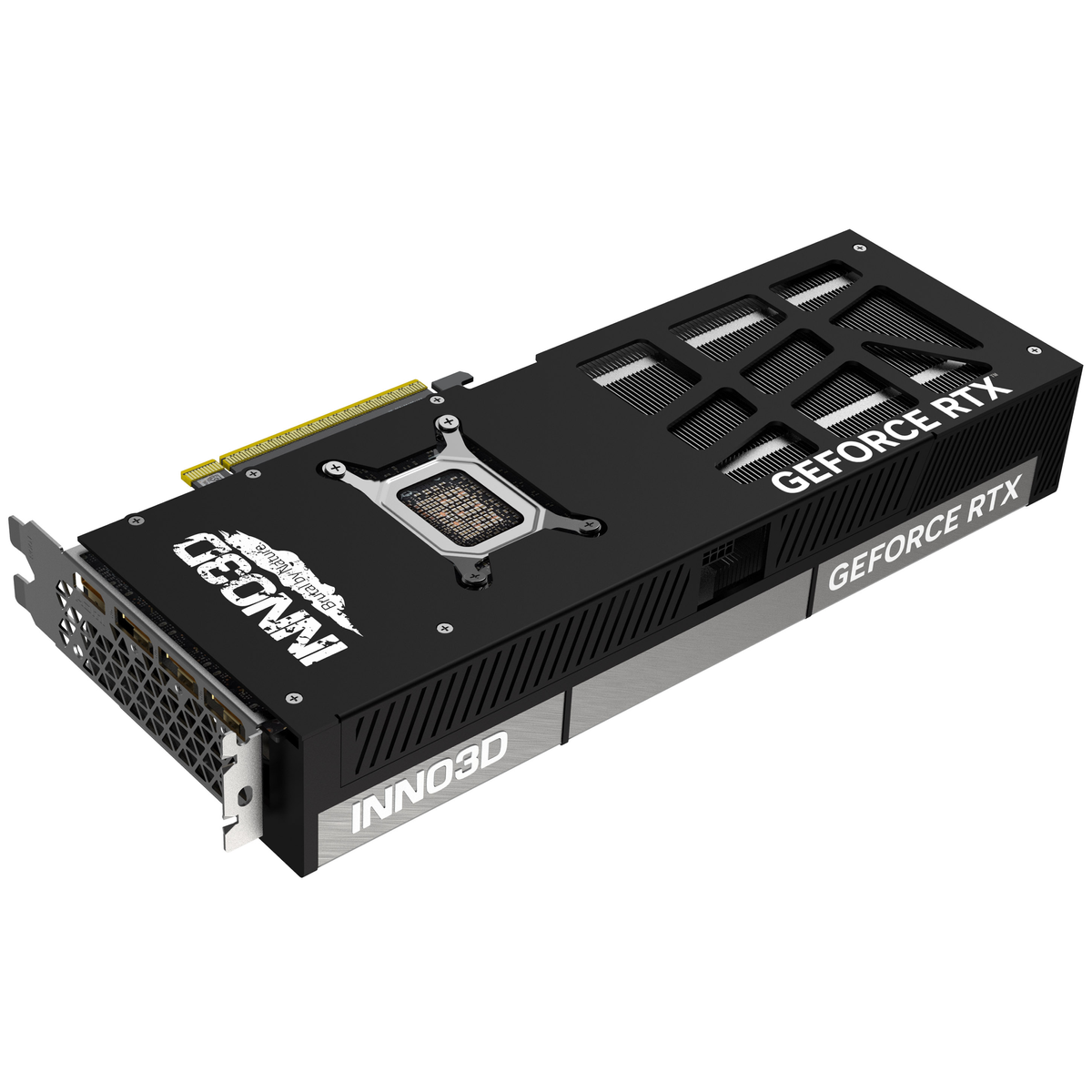 Czarno-srebrna karta graficzna. Karta posiada wiele wentylatorów, portów i nadruk marki INNO3D.