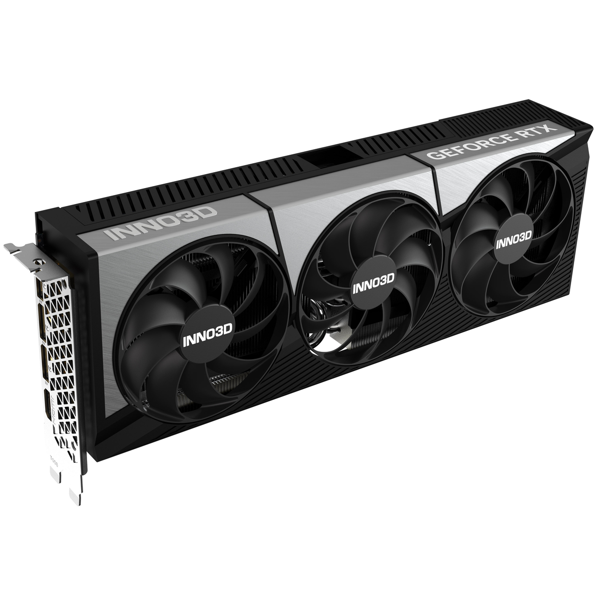 Karta graficzna Inno3D GeForce RTX, czarne wentylatory, srebrna i czarna obudowa.