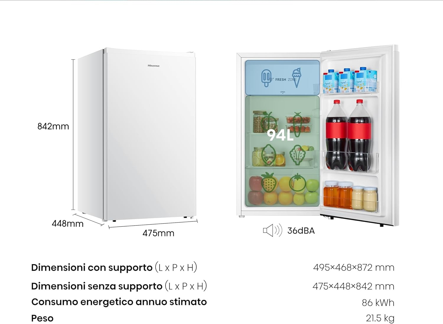 Un frigorifero Hisense bianco con porta aperta, che mostra ripiani con alimenti.