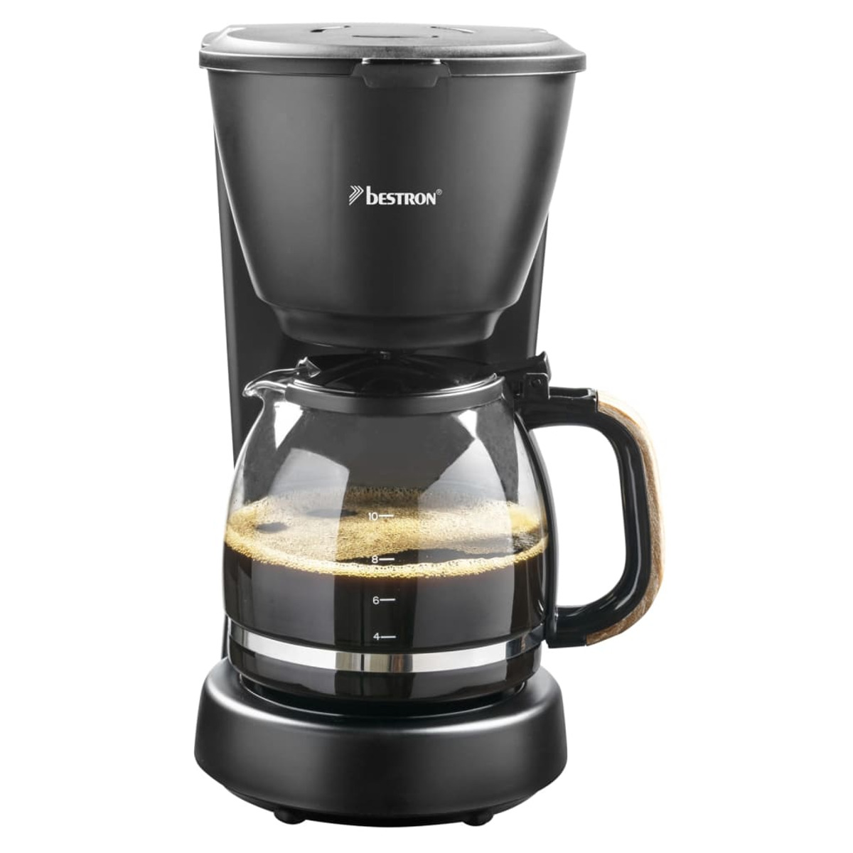 Czarny ekspres do kawy Bestron ze szklaną karafką wypełnioną kawą.