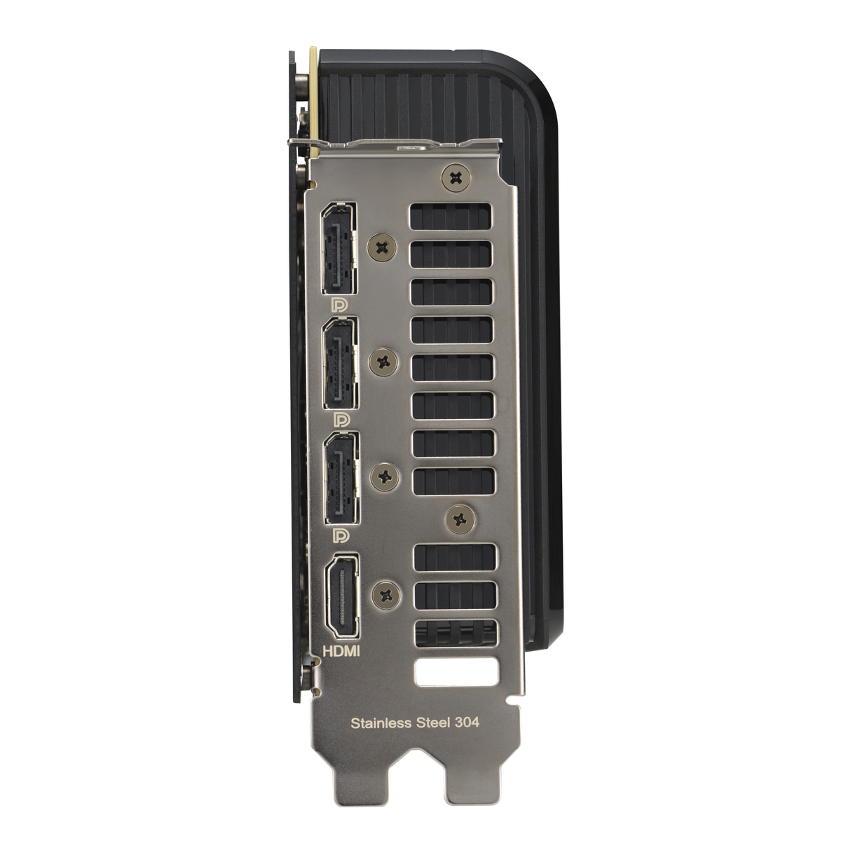 Widok z boku srebrno-czarnej karty graficznej z portami. Widoczna etykieta Stal Nierdzewna 304.