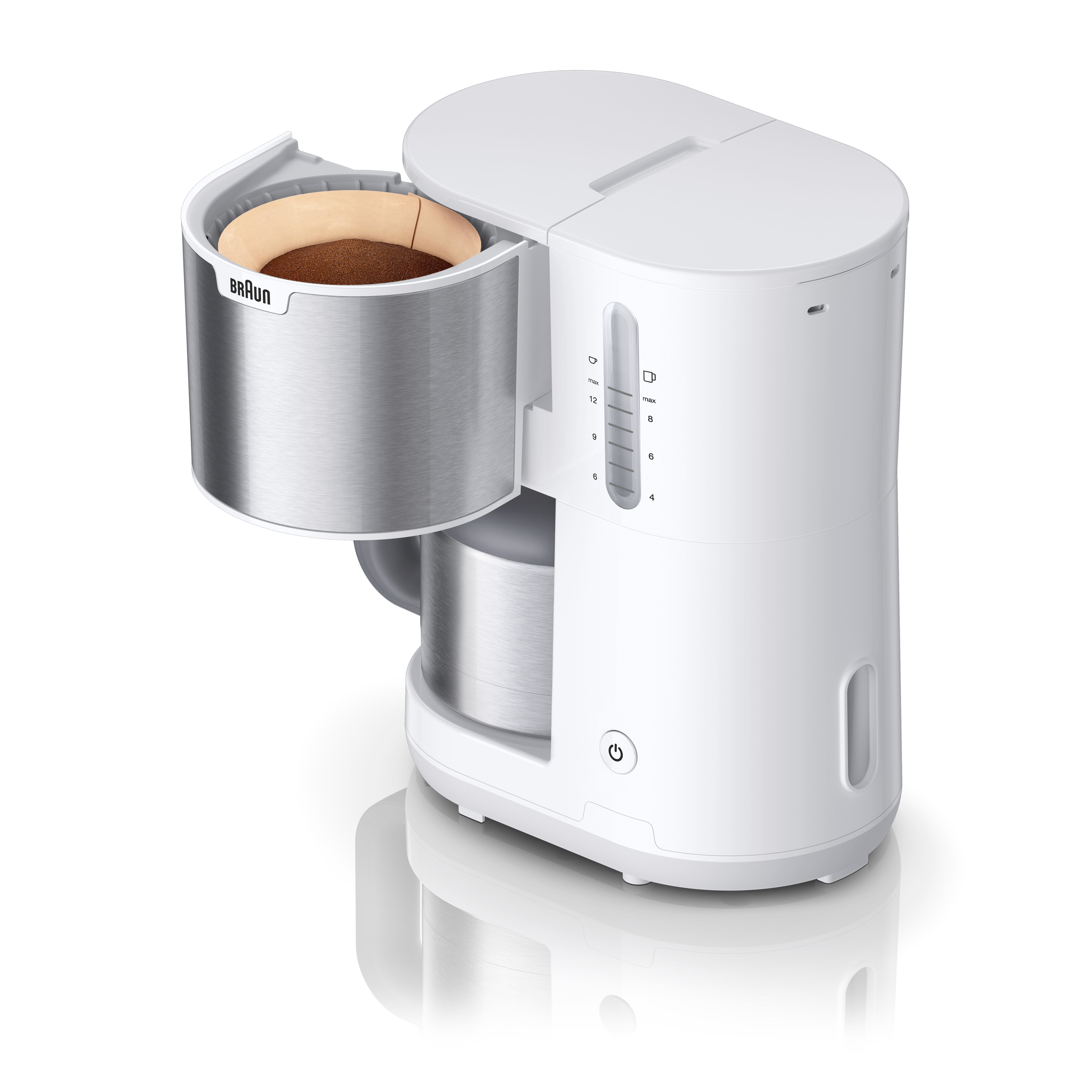 Biały ekspres do kawy Braun. Widoczny filtr z brązowym filtrem do kawy w środku.